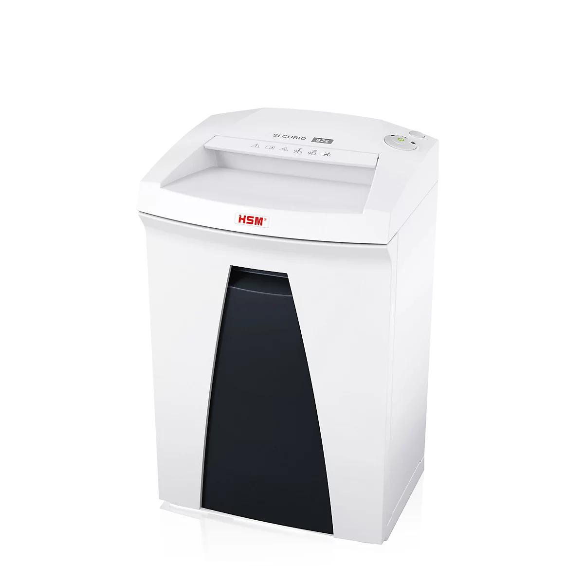 White paper shredder with black bin. Controls and logo on top, sticker 'HSM'.