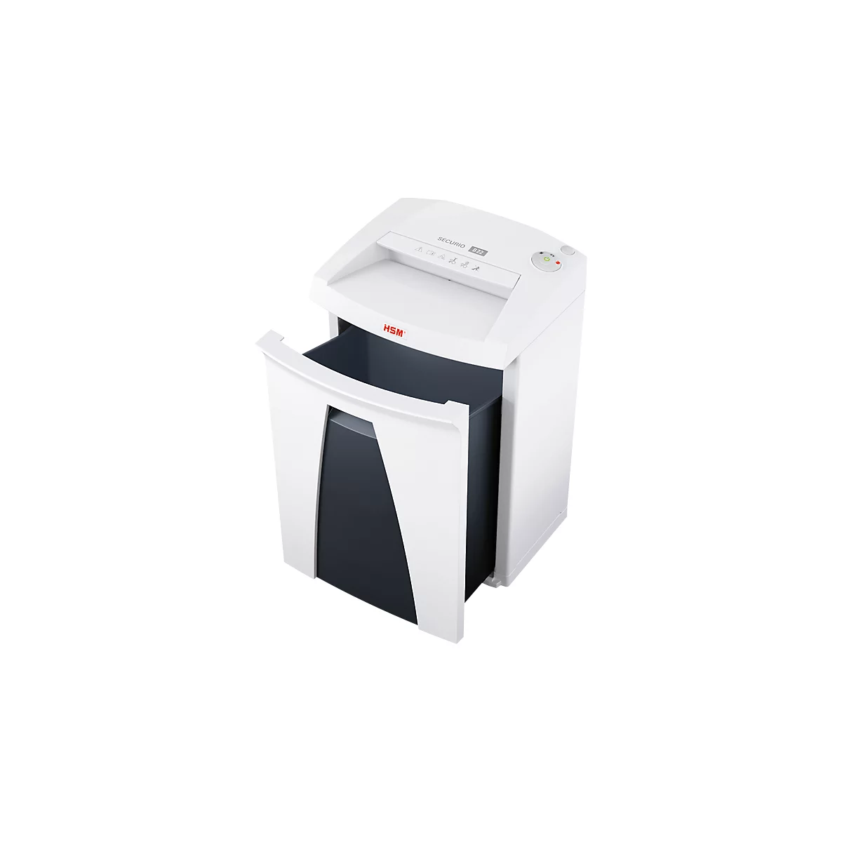 White paper shredder with a black waste bin, HSM logo, and 'SECURIO' lettering.