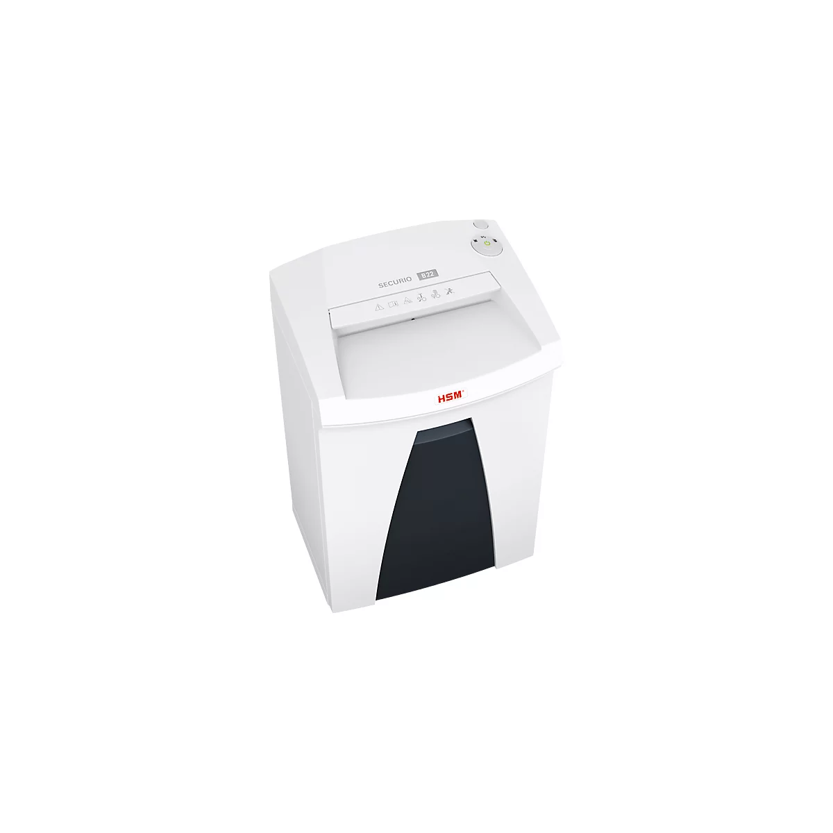 White paper shredder with black slot. Above is "SECURIO B22".