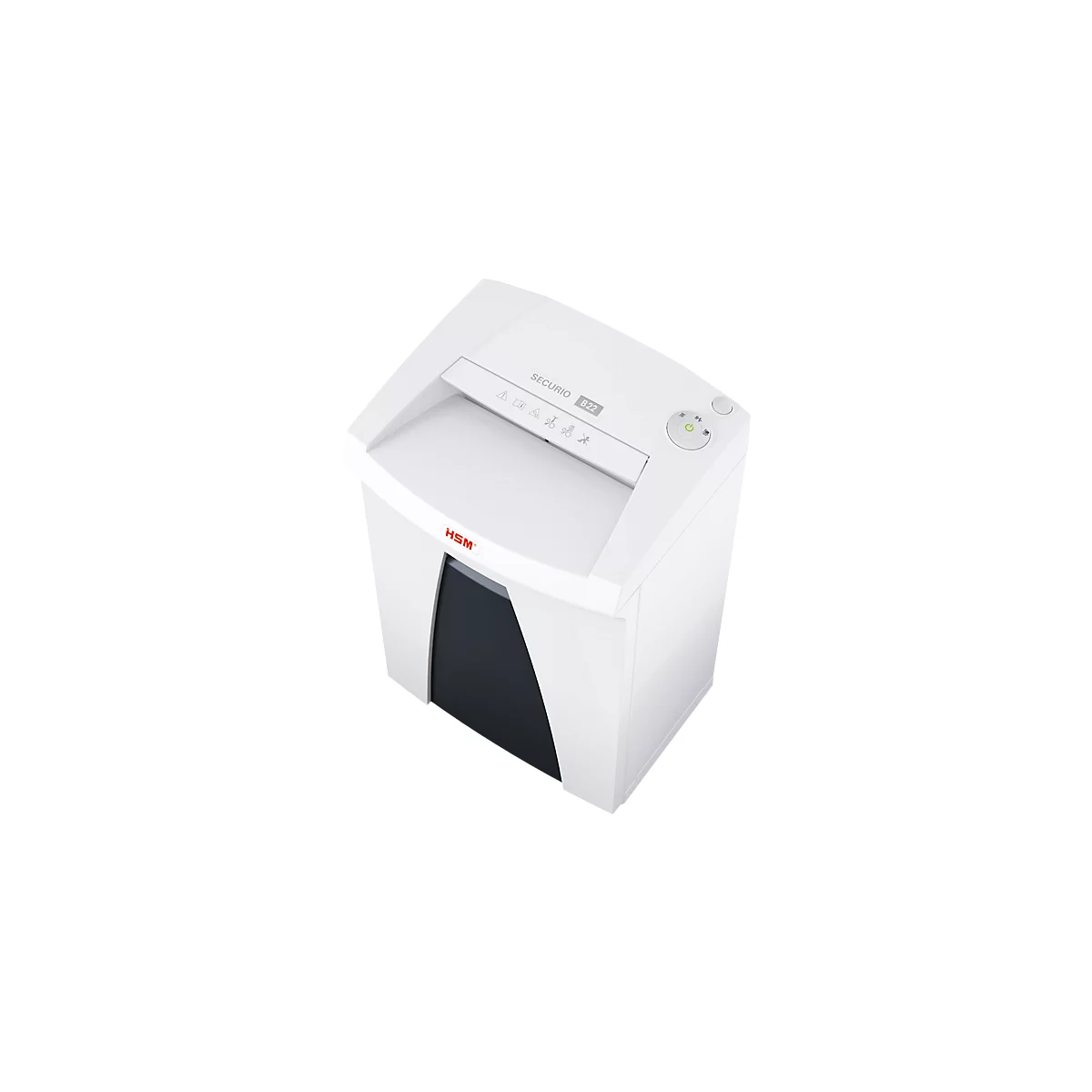 White paper shredder, HSM Securio B22, with control panel, paper output, and red HSM logo.