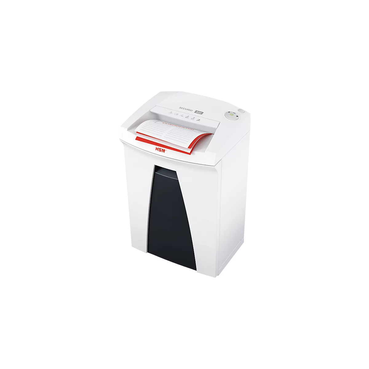 White paper shredder, shredding documents. Black collection container. Inscription: HSM.