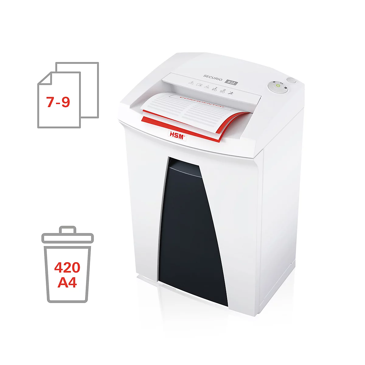 White paper shredder with red paper feed, next to icons for paper capacity and collection volume.