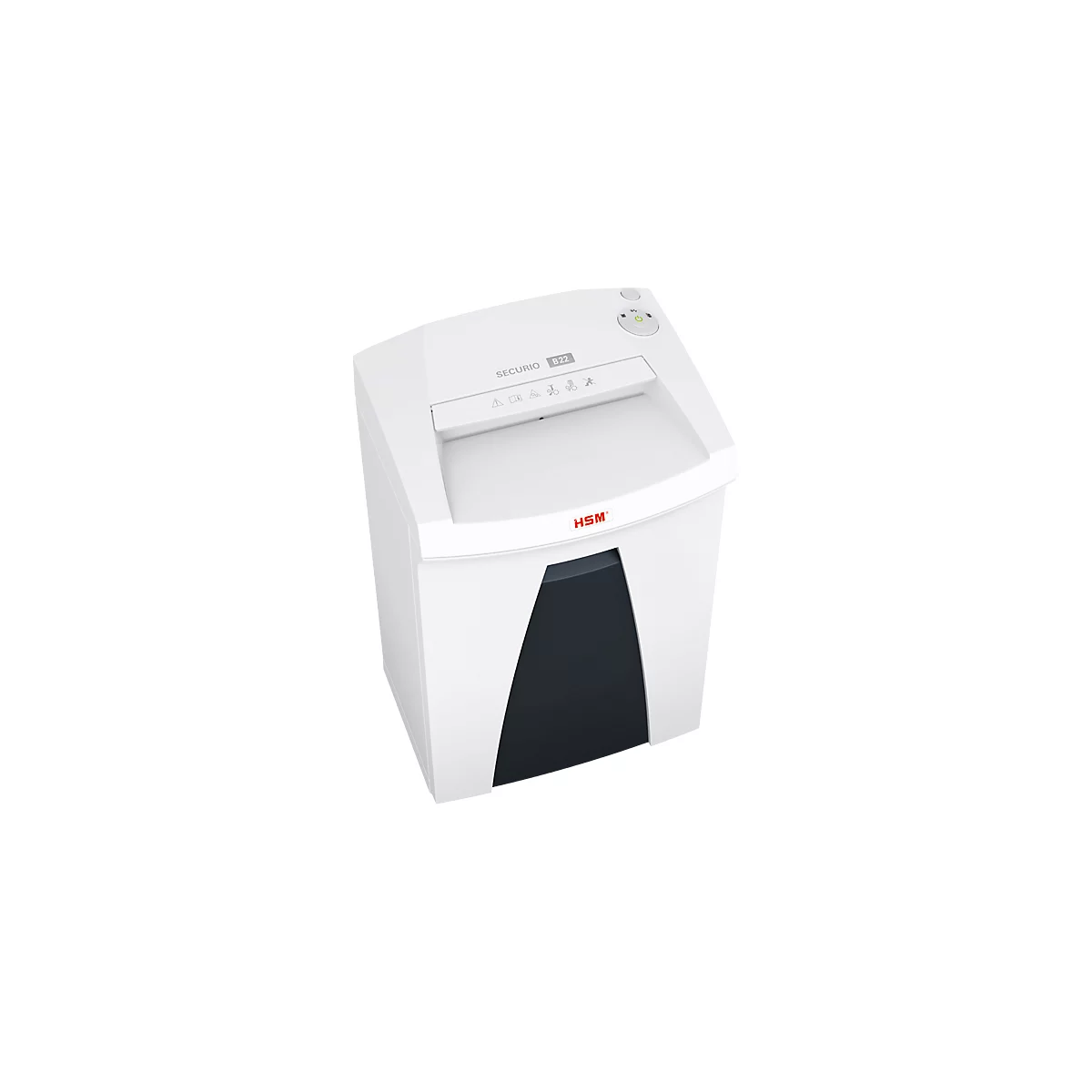 White HSM Securio B22 shredder with dark paper entry. Control buttons and symbols are located on the top.