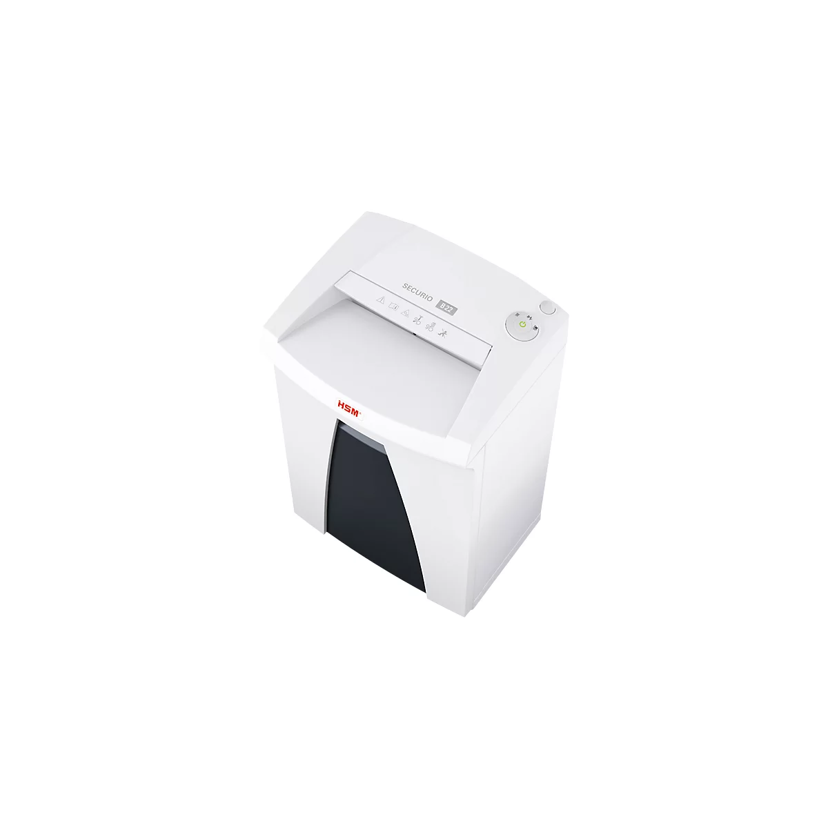 White paper shredder. SECURIOS B22 is written on the top. Dark storage compartment below.