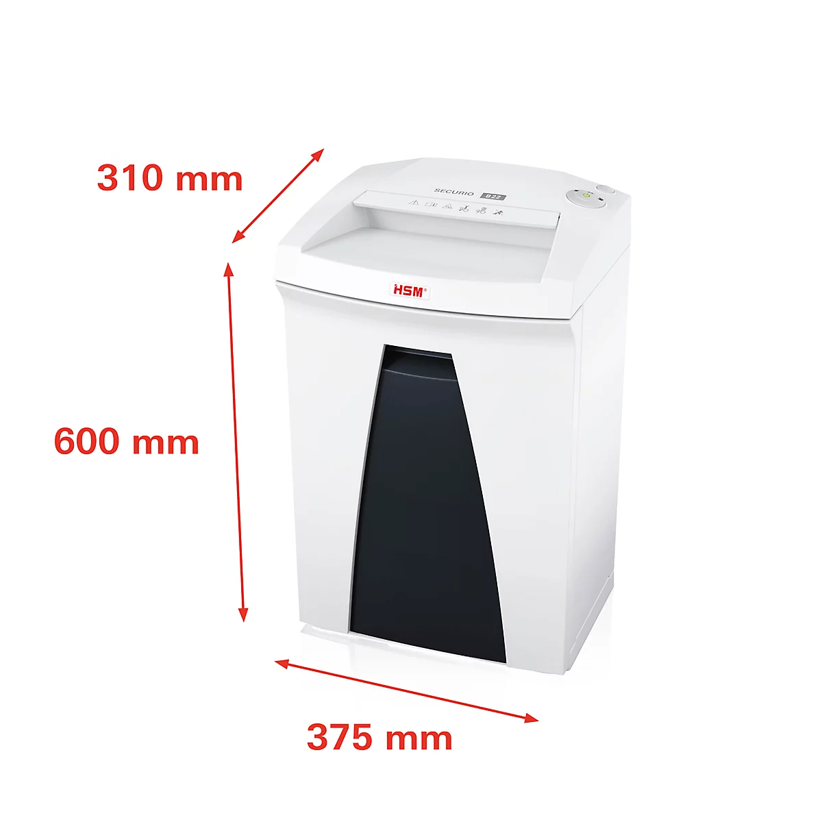White paper shredder with black elements, dimensions 600 x 375 x 310 mm. "HSM" logo visible.