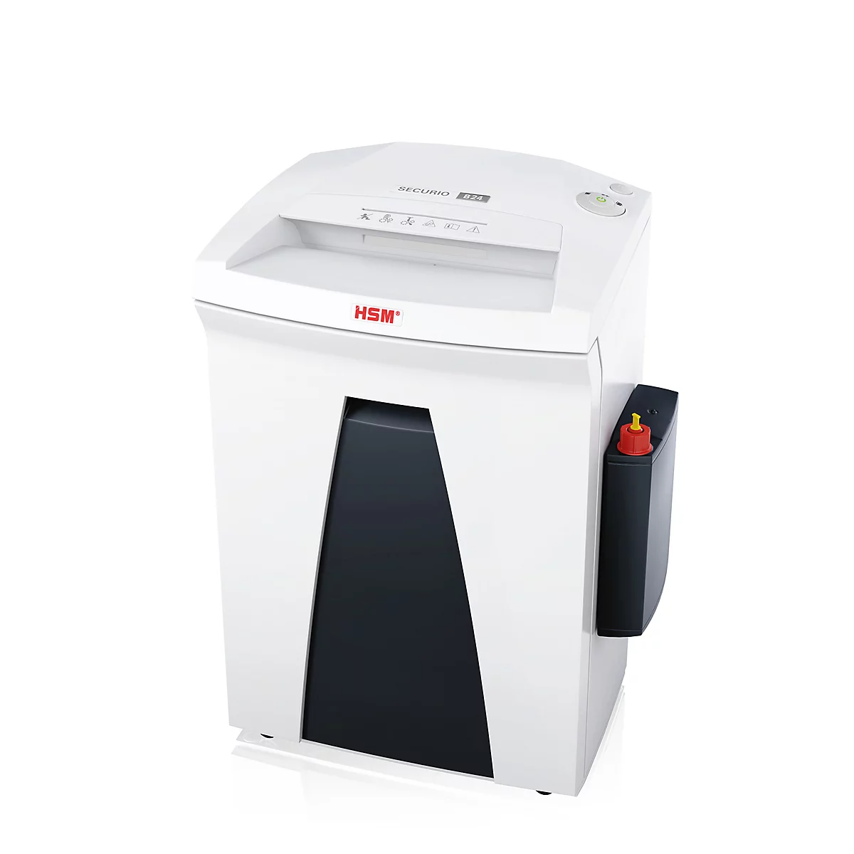 White paper shredder with black slot. Red 'HSM' logo. Black container with red button.