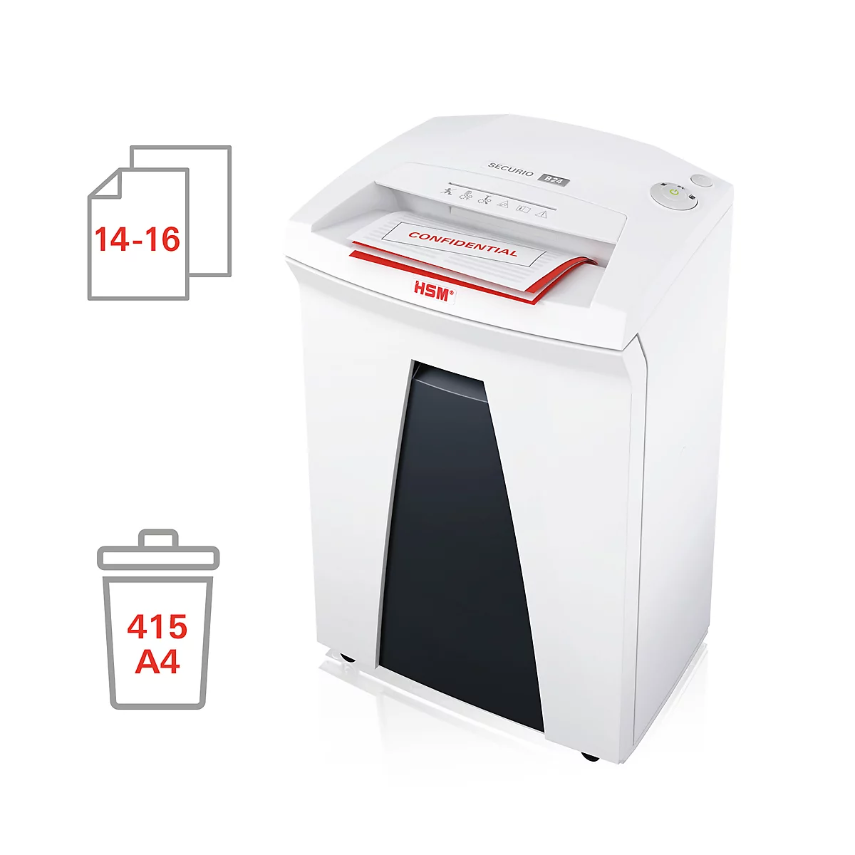 White paper shredder with "Confidential" paper. Next to it pictograms with 14-16 sheets, trash can, 415 A4.
