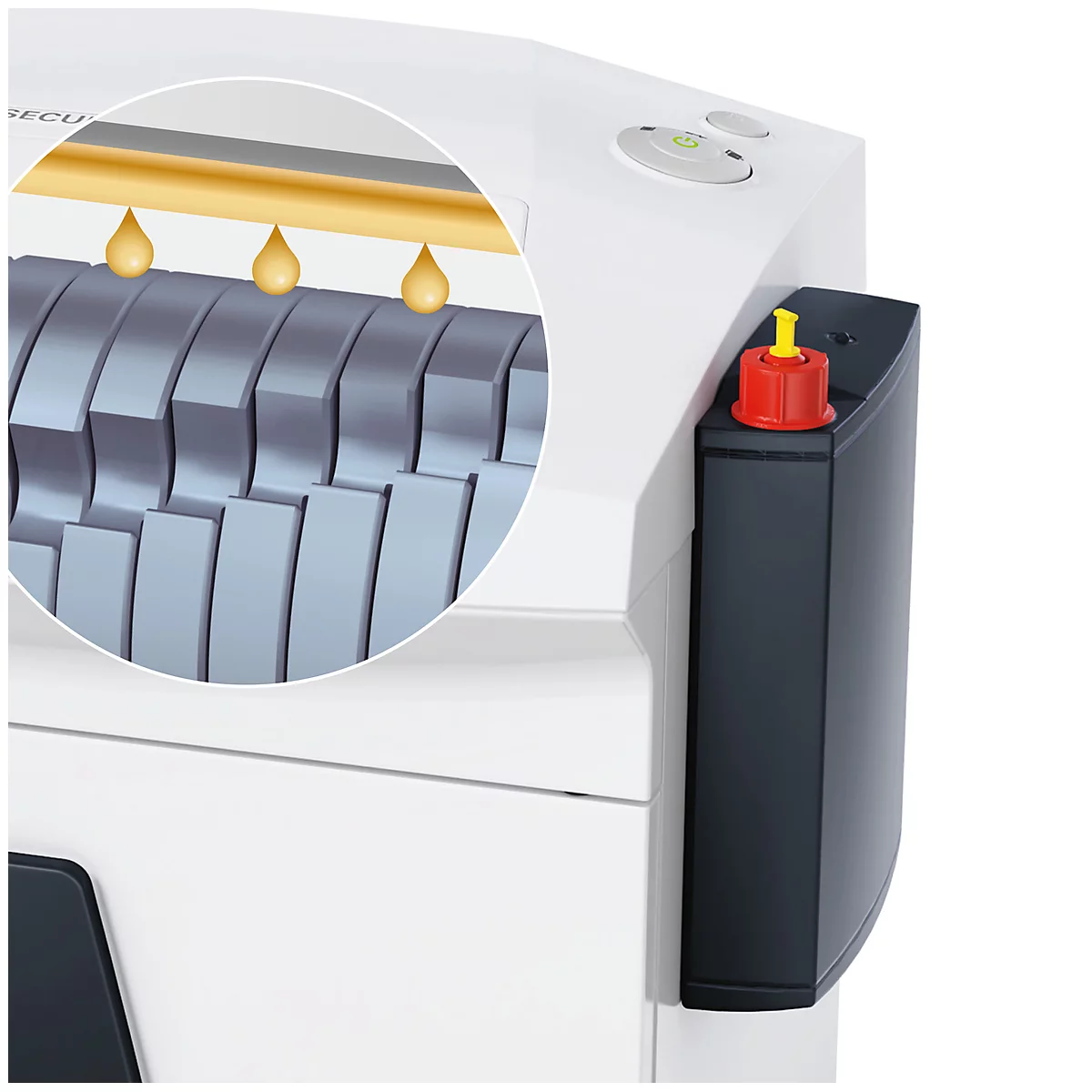 Detail of a paper shredder, showing the cutting tools and an oil supply. On the right is the oil container with a red cap.