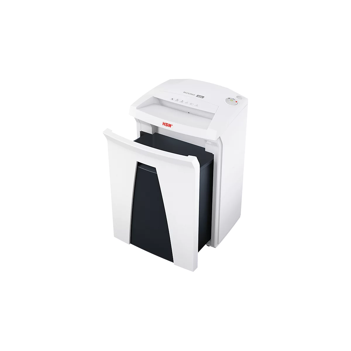 White paper shredder with the waste bin open. The brand name "HSM" is clearly visible.