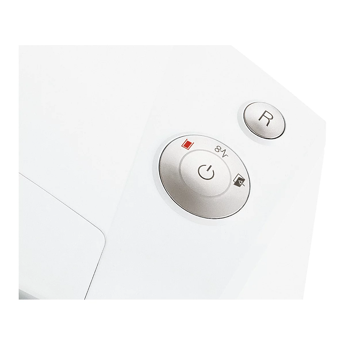 Close-up of white buttons on white background. A round button with the on/off symbol, a red light next to it, and another button with the letter 'R'.