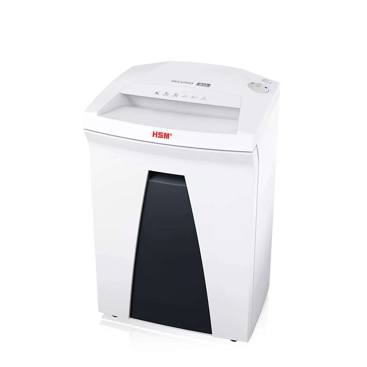 White paper shredder with black opening, red print "HSM".