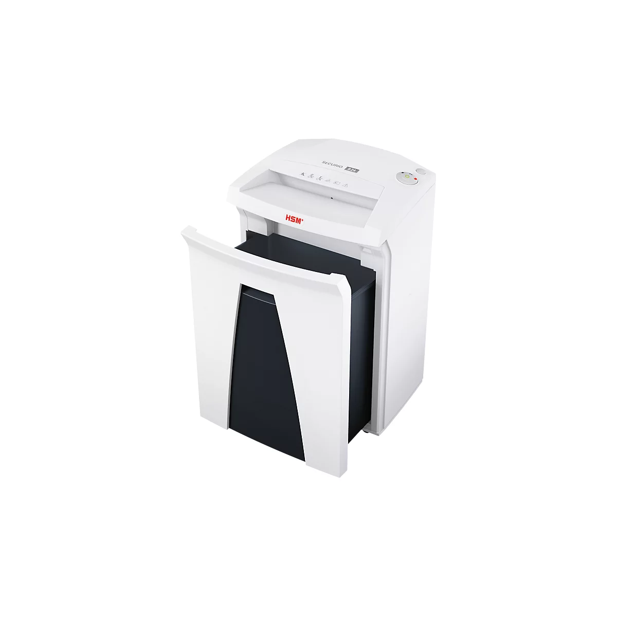 White paper shredder with a black collection box pulled out. "Securo 230" and the "HSM" logo are on top.