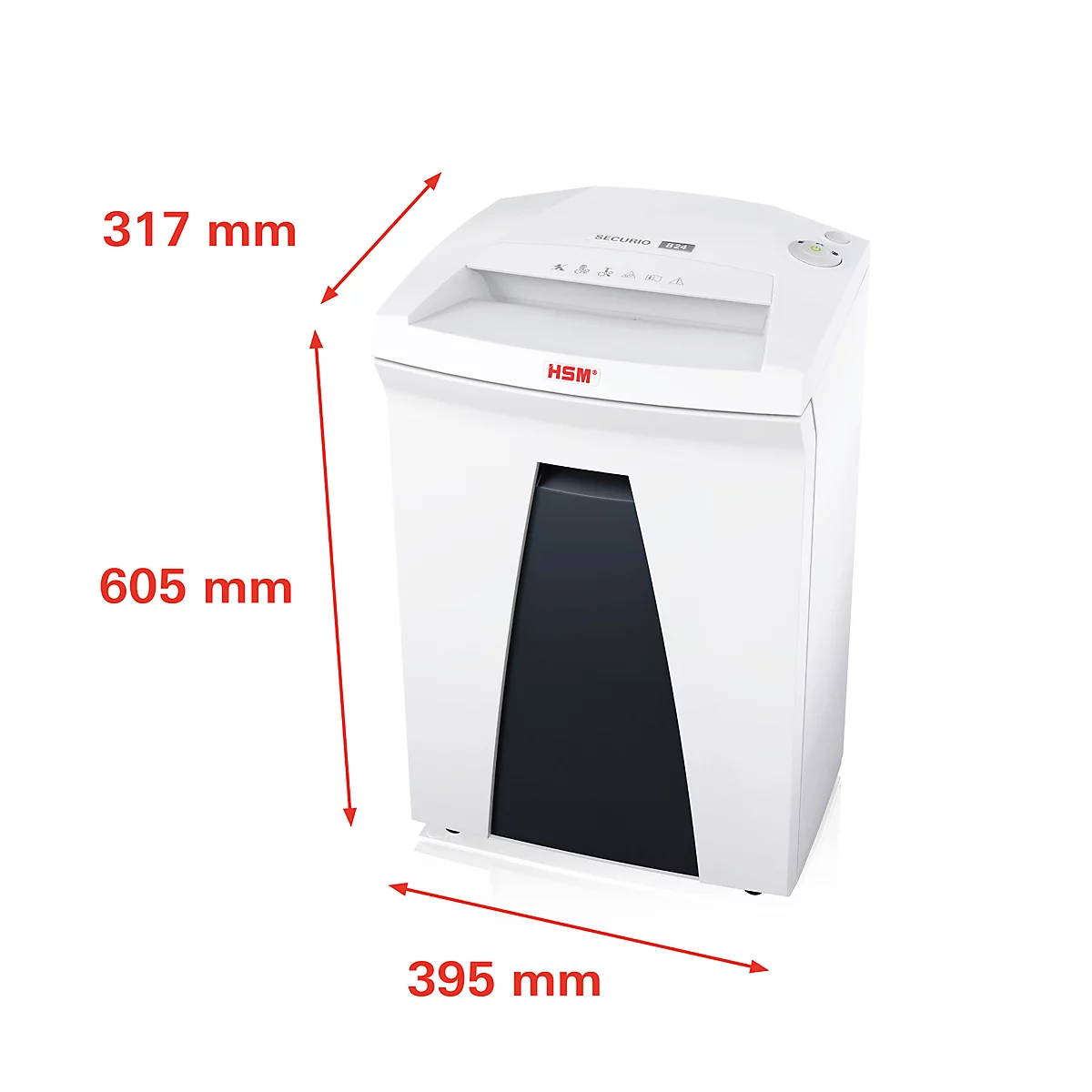 White paper shredder with dimensions: 317 mm x 605 mm x 395 mm. Marked with the HSM brand.