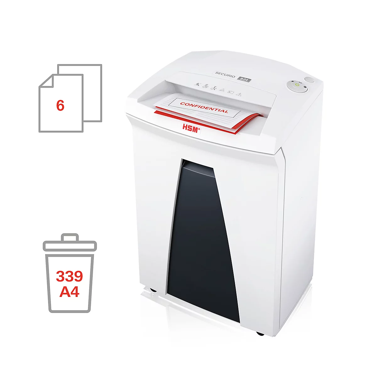 White paper shredder with red input. A sheet with "CONFIDENTIAL" is being shredded. Next to it are symbols for sheets and trash can.