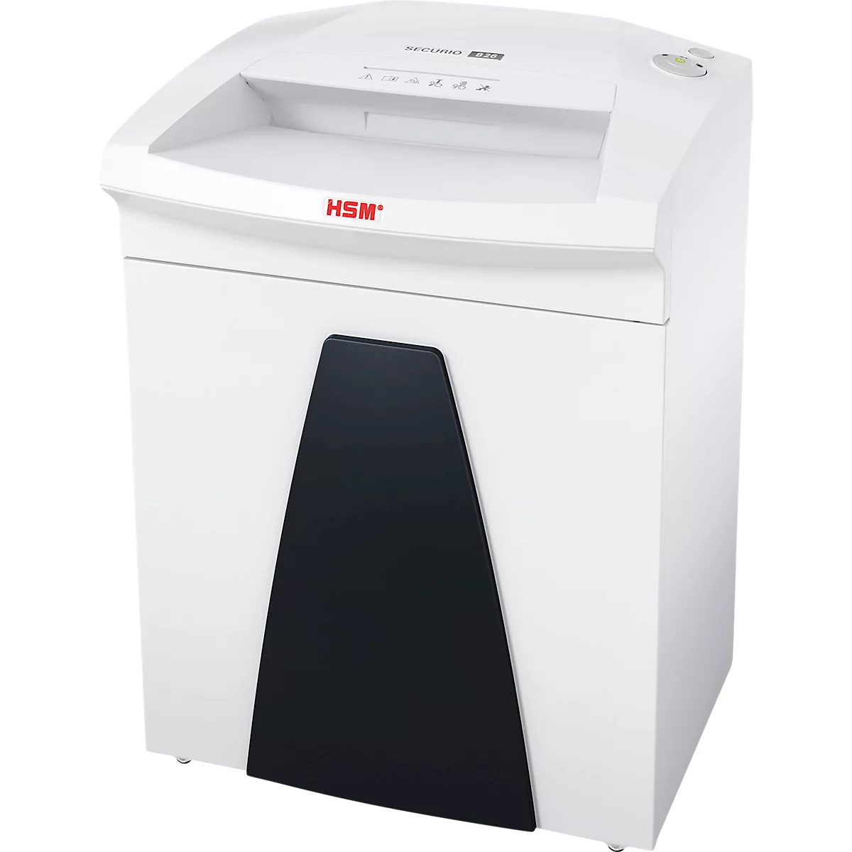 White paper shredder with black insert. The "HSM" logo is red. Control buttons on top.