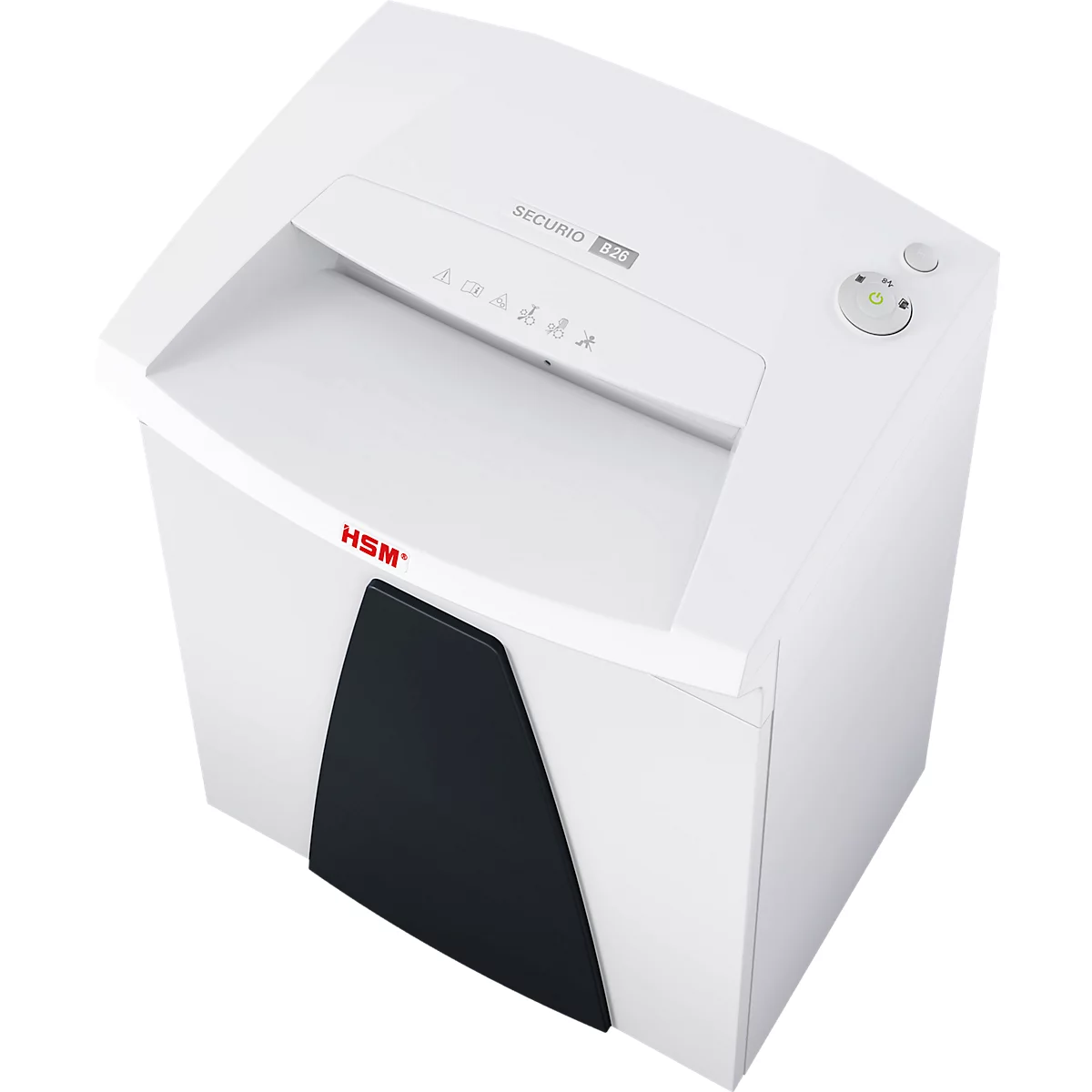 White paper shredder with black accents, control panel, and logo.