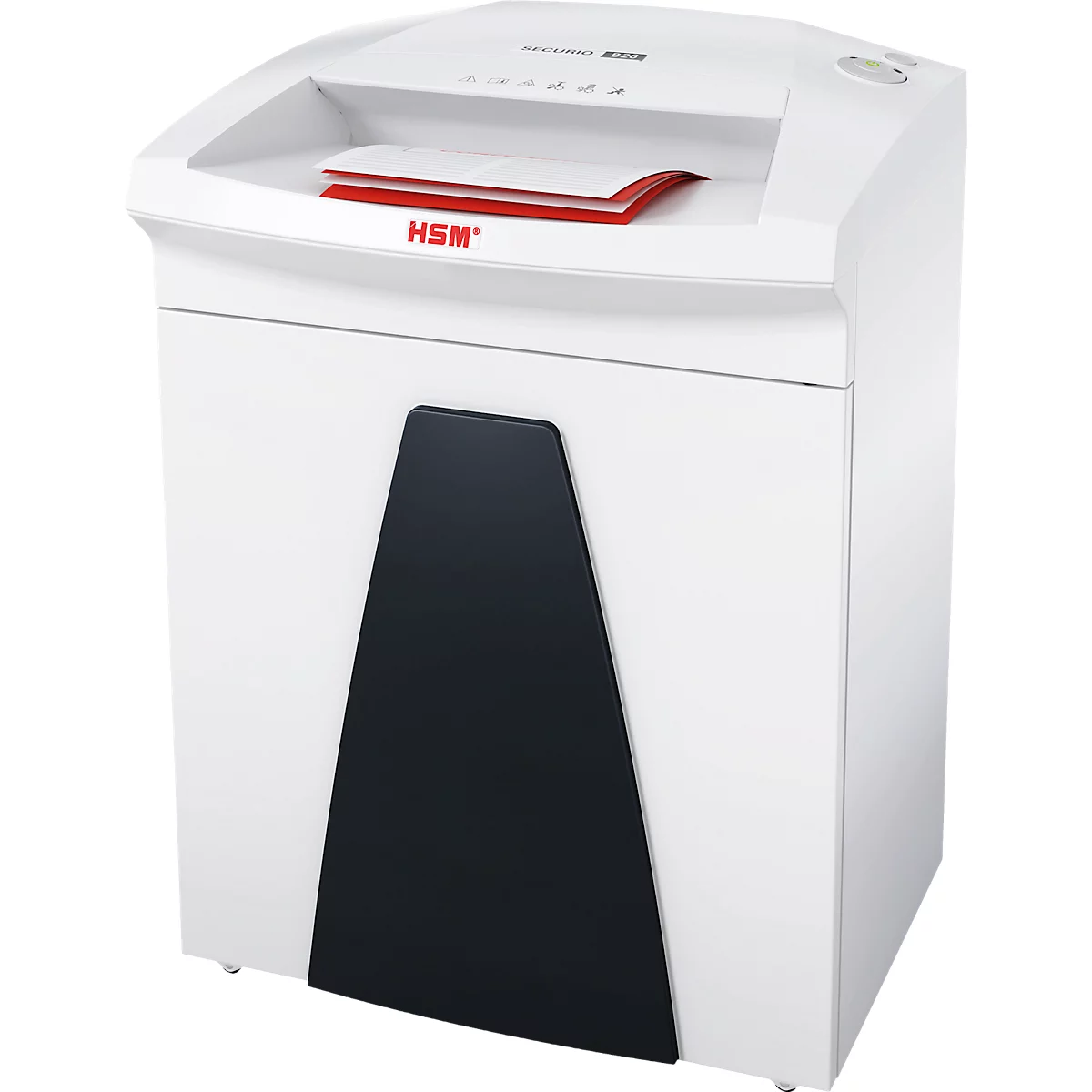 White paper shredder with black insert, red paper being shredded, brand is HSM.