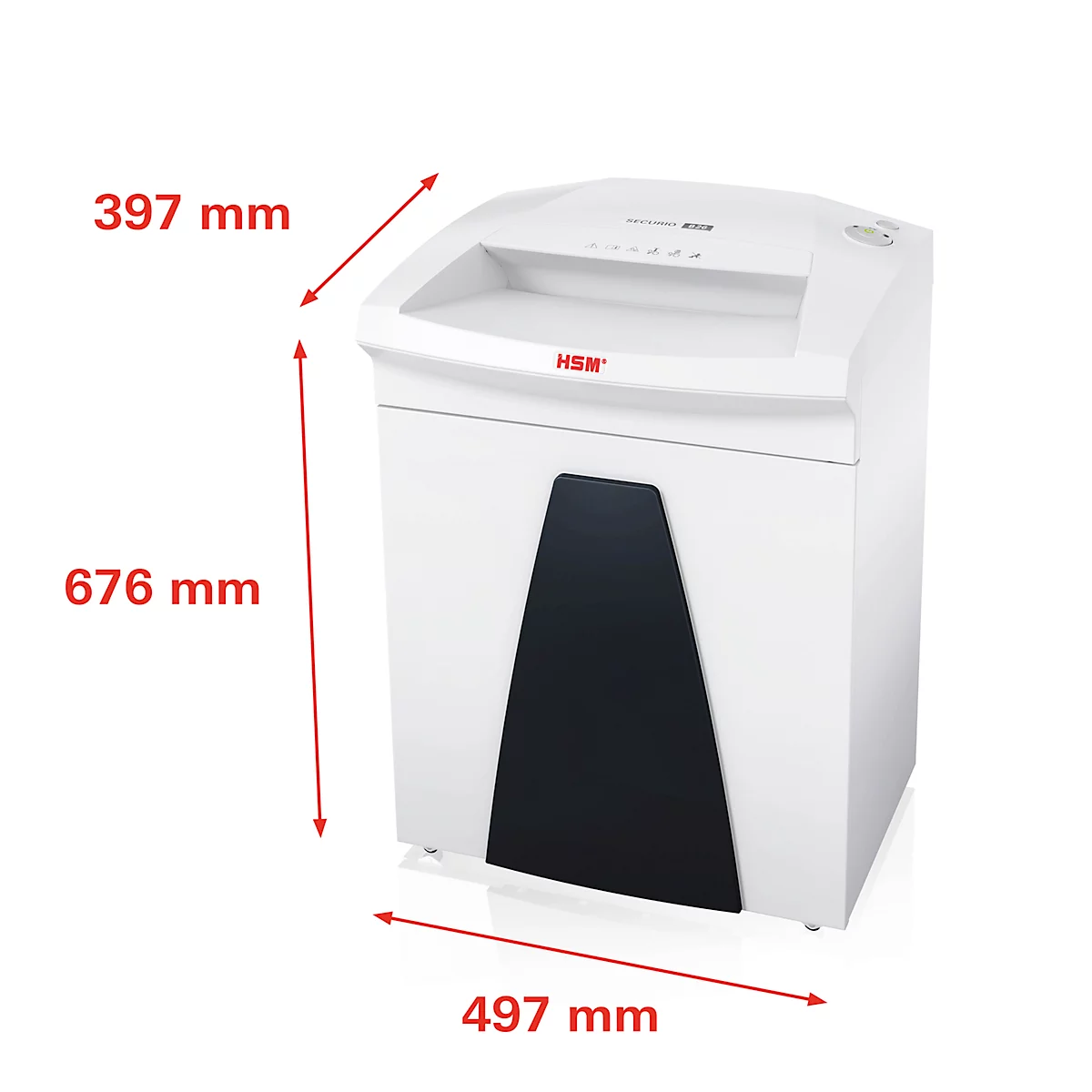 White paper shredder with black front. Size indications in red: 397mm x 676mm x 497mm. Logo 'HSM'.
