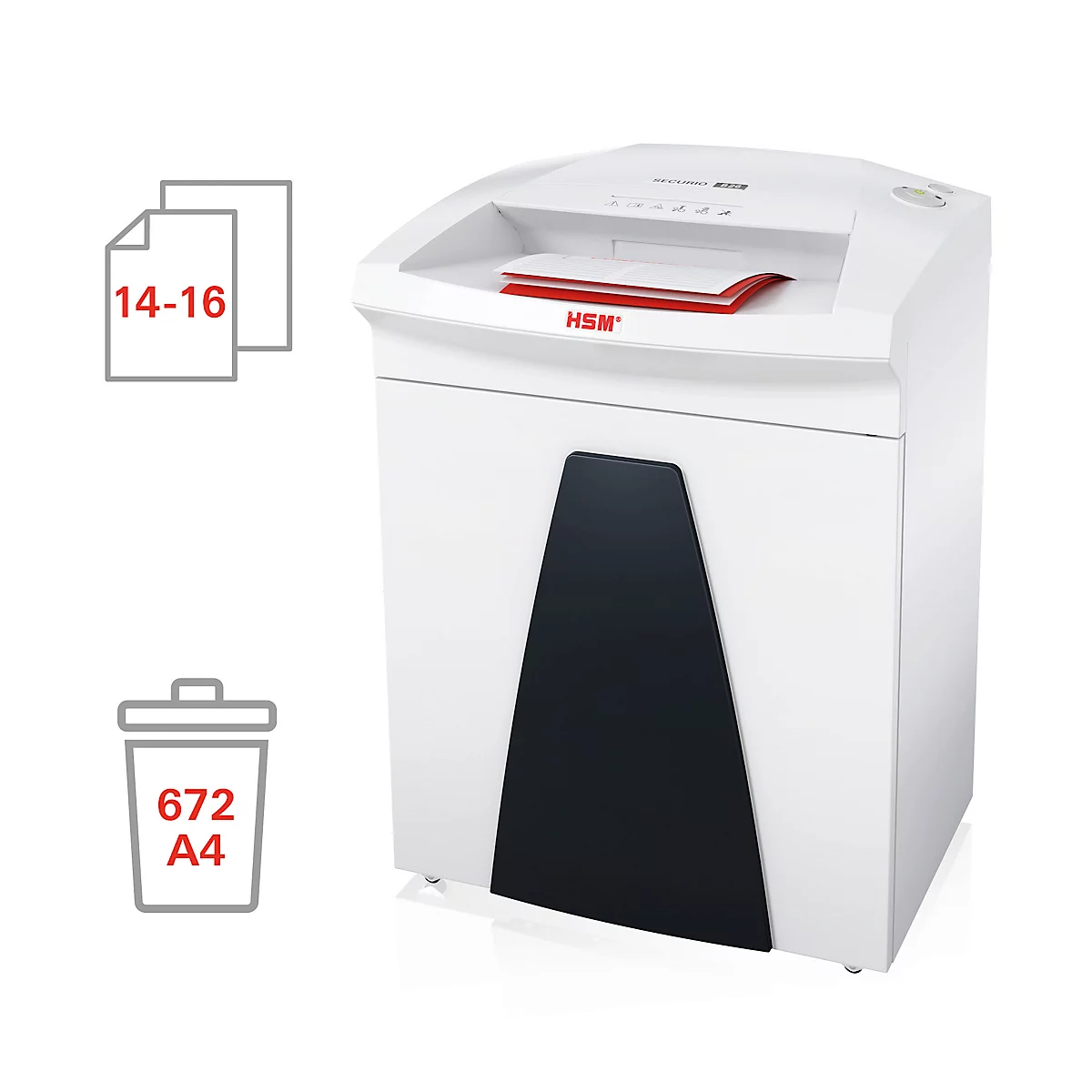 White paper shredder with a black front. Symbols next to it for paper capacity and waste volume with texts: 14-16, 672 A4.