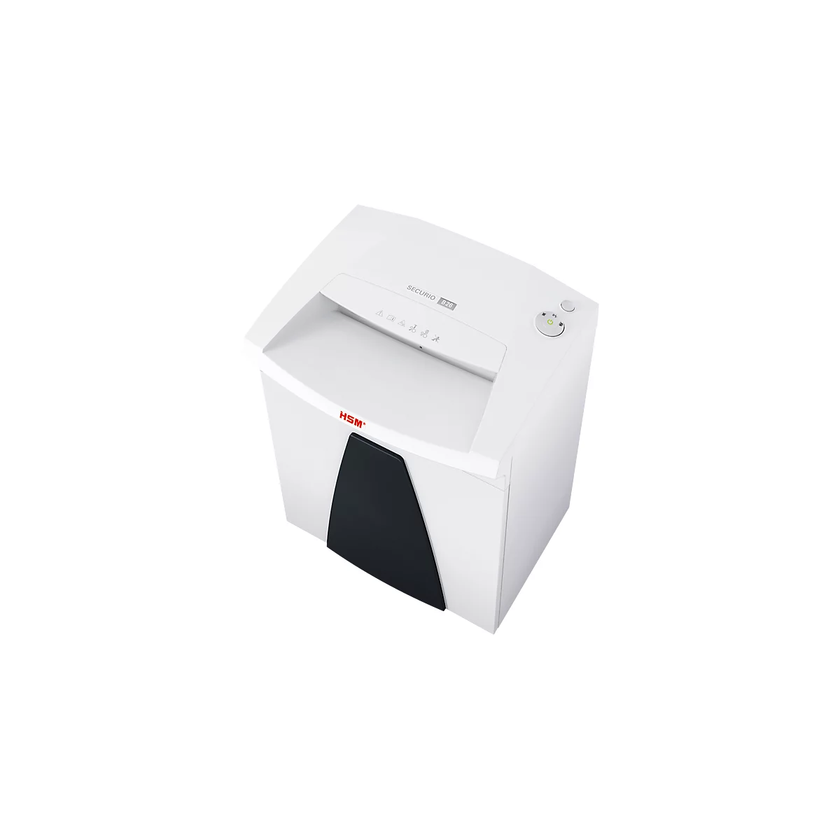 Witte papierversnipperaar met zwarte voorkant en bedieningspaneel. Opschrift: SECURIO B26 en HSM.