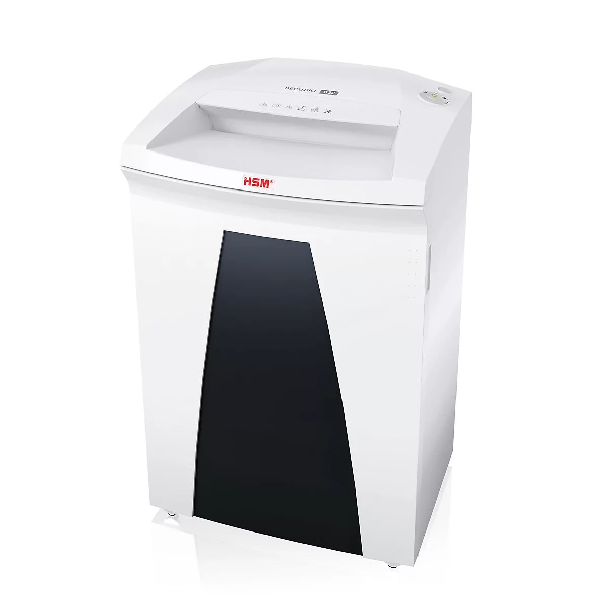 White shredder with black insert. The feed is at the top, a button on the right.