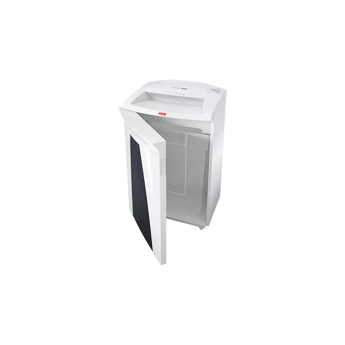 White shredder with open door, view into the paper container. Text 'HSM'.