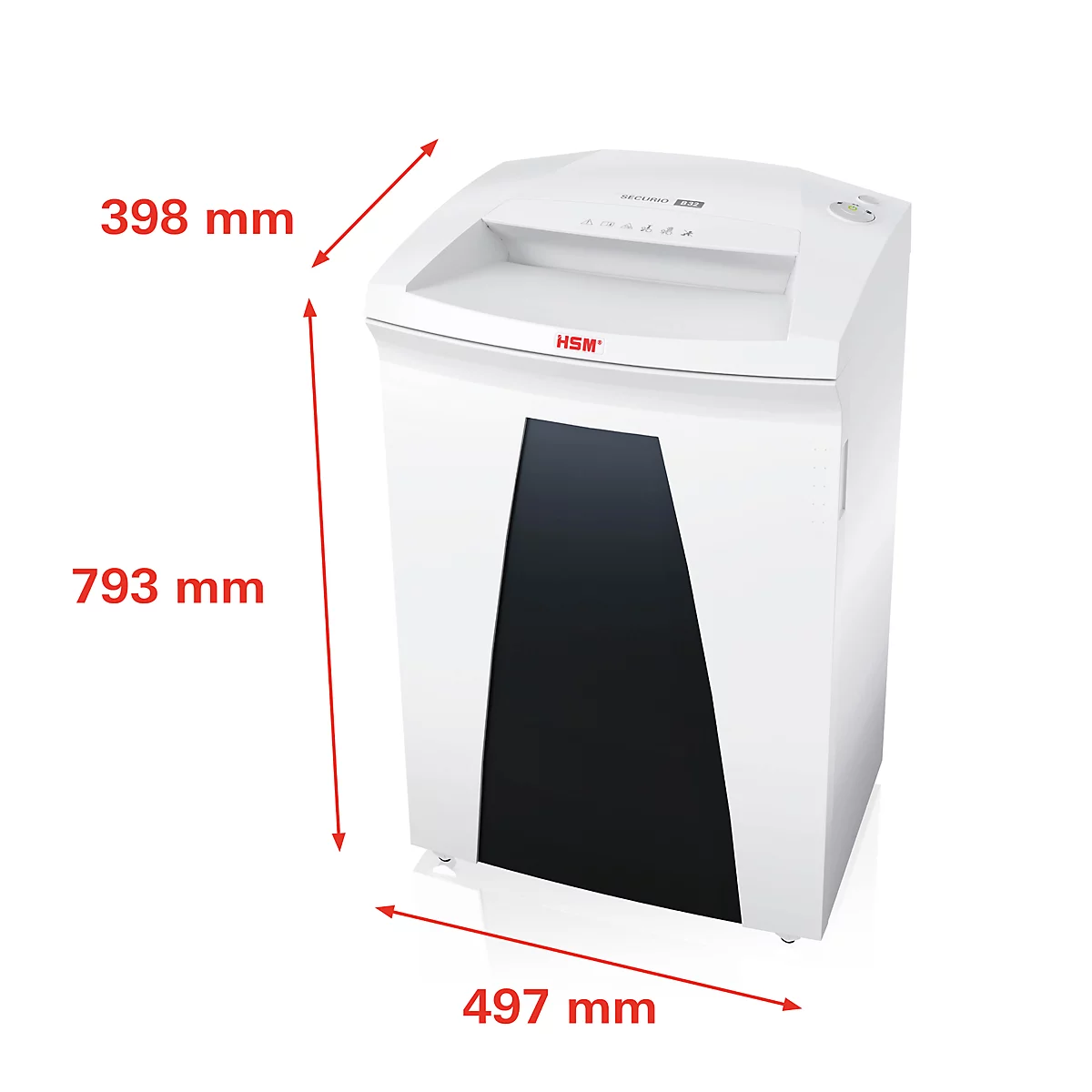 White paper shredder, dimensions 398 x 497 x 793 mm. Features 'HSM' logo and black front panel. Control panel on top.