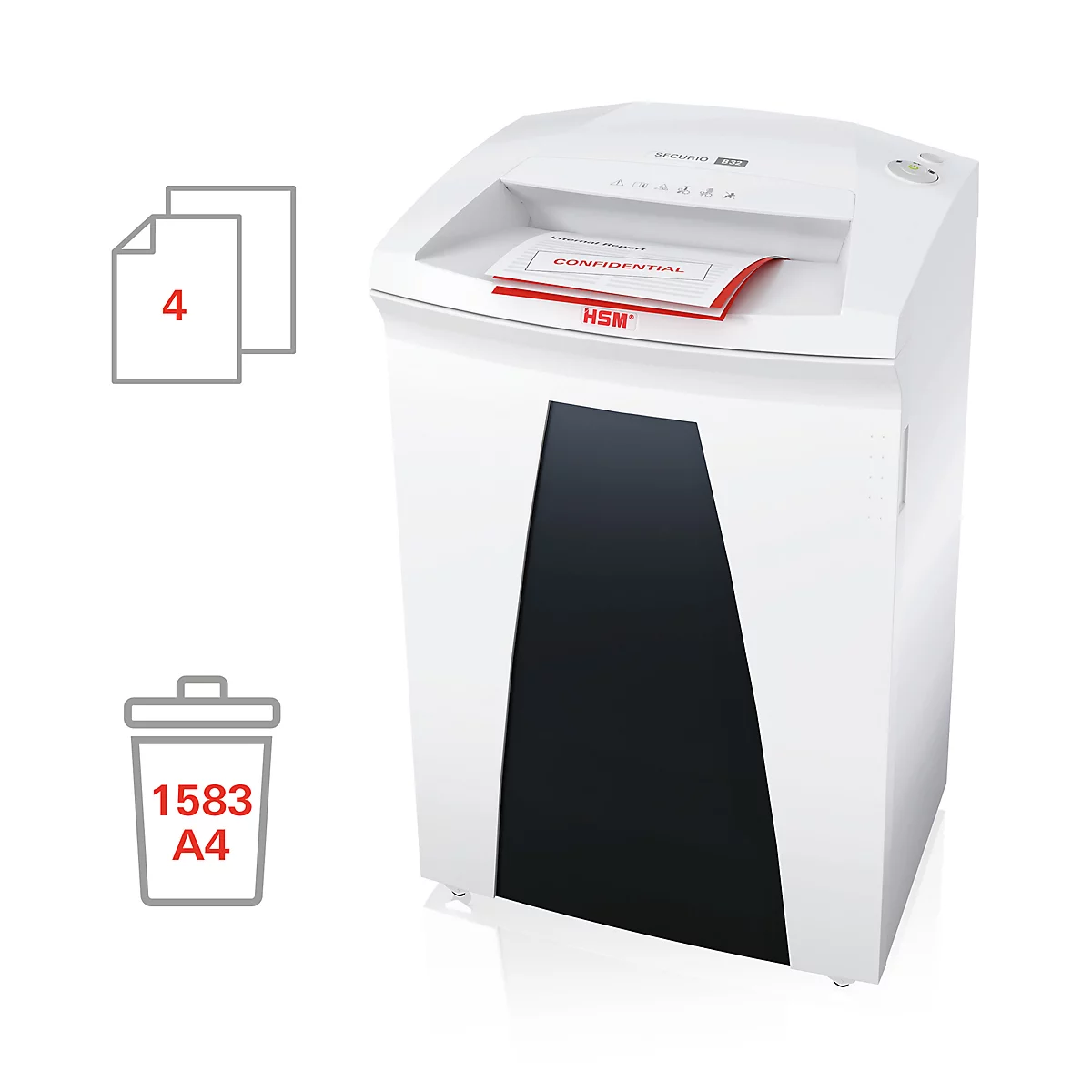 A white paper shredder with a black front. On an input is a red document labeled "CONFIDENTIAL". Next to it are pictograms.