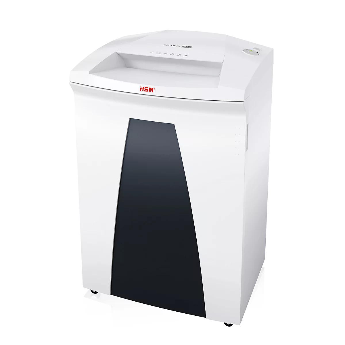 White paper shredder with black front, HSM logo. Standing on castors.