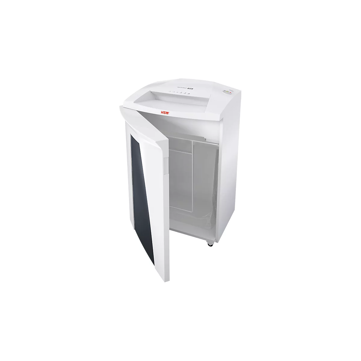A white shredder with an open door, revealing the interior and paper collection.
