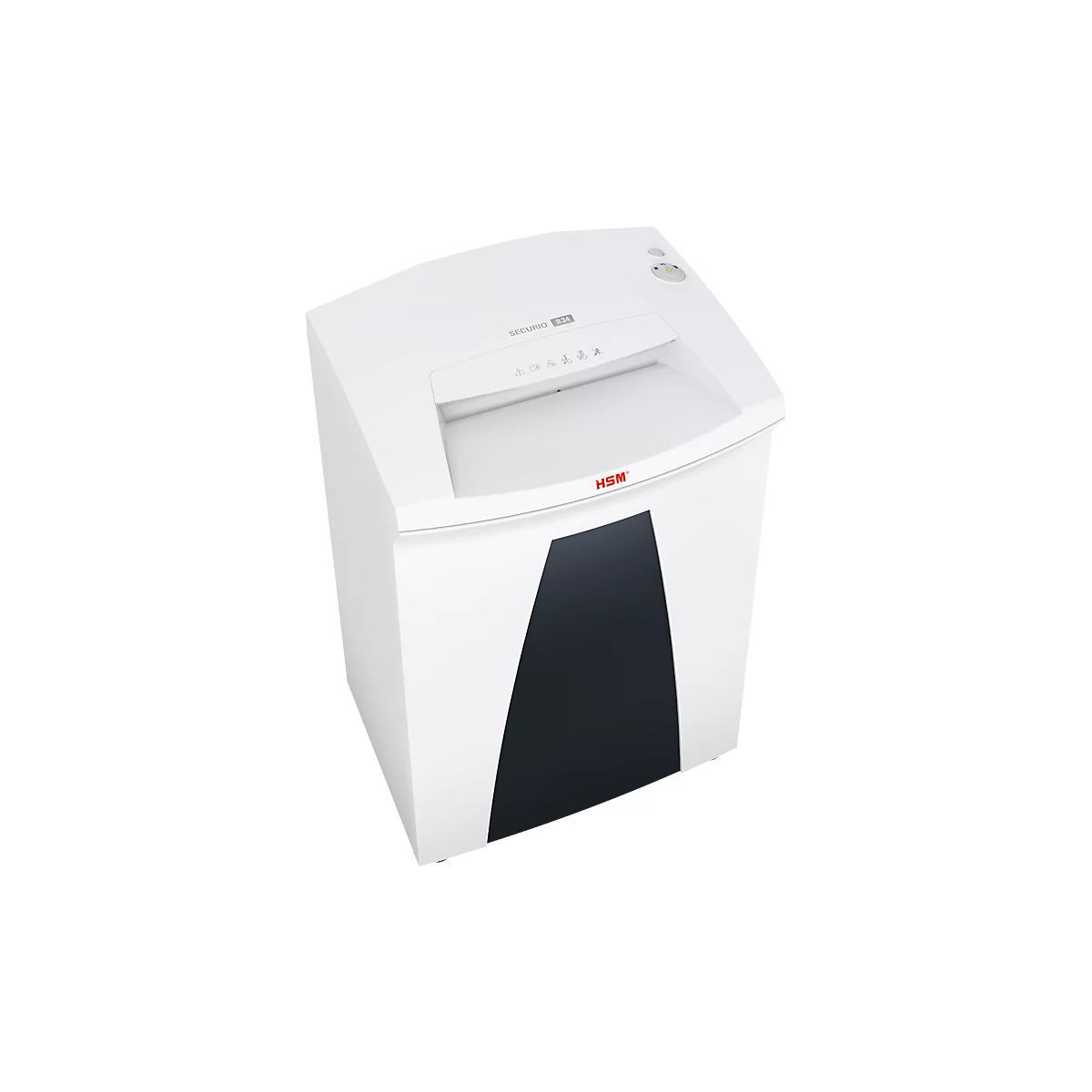 White paper shredder with black front; "HSM" text.