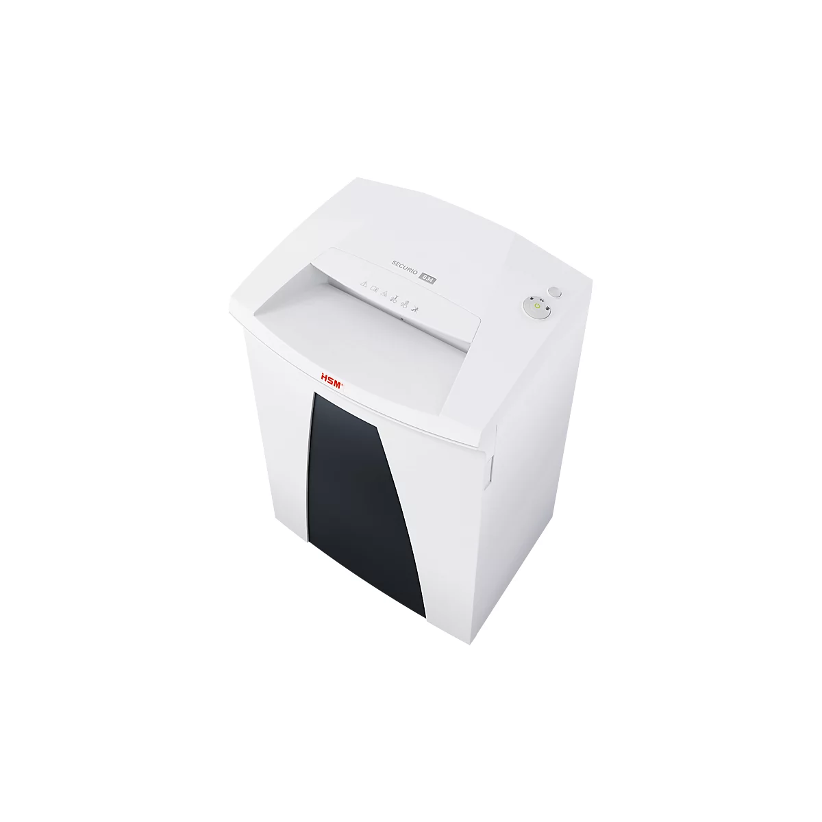 A white paper shredder with a black paper slot. The word "HSM" is written in red at the top left. At the top edge is the word "SECURE 820".