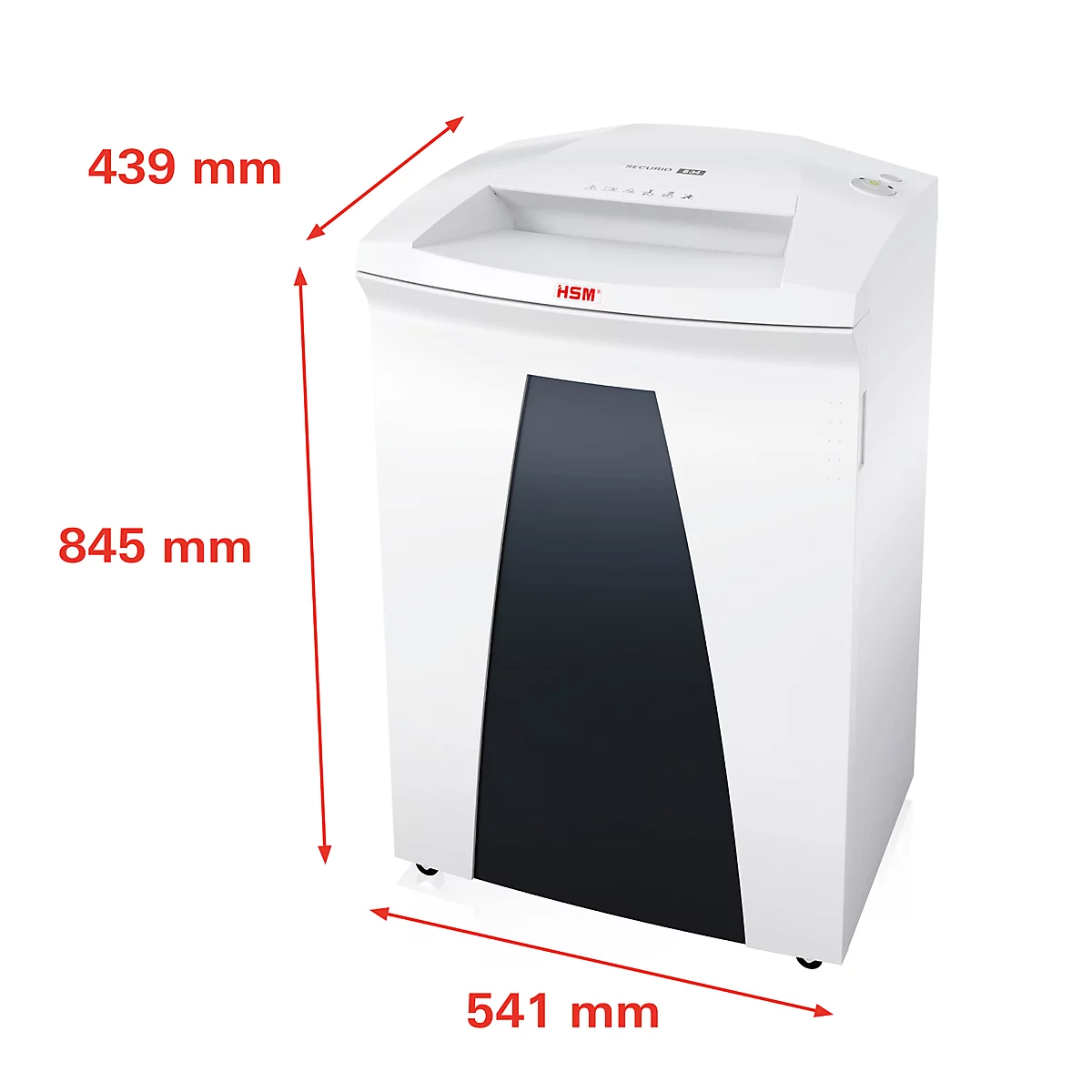 White paper shredder, dimensions indicated with red text: 845 mm high, 541 mm wide and 439 mm deep. Black design element. On wheels.