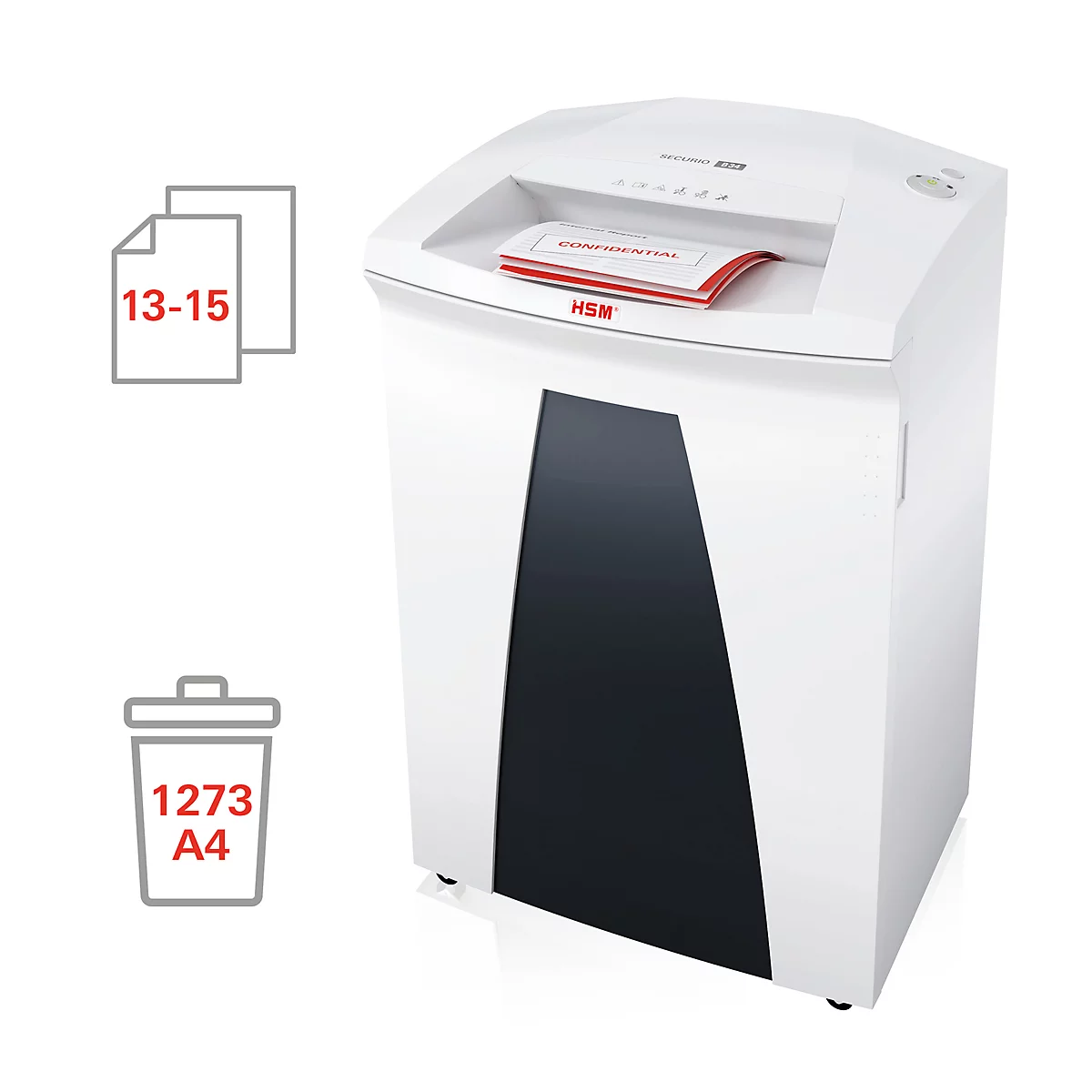 White paper shredder with paper symbols and the word "Confidential"; next to it symbols for number of sheets and trash can size.