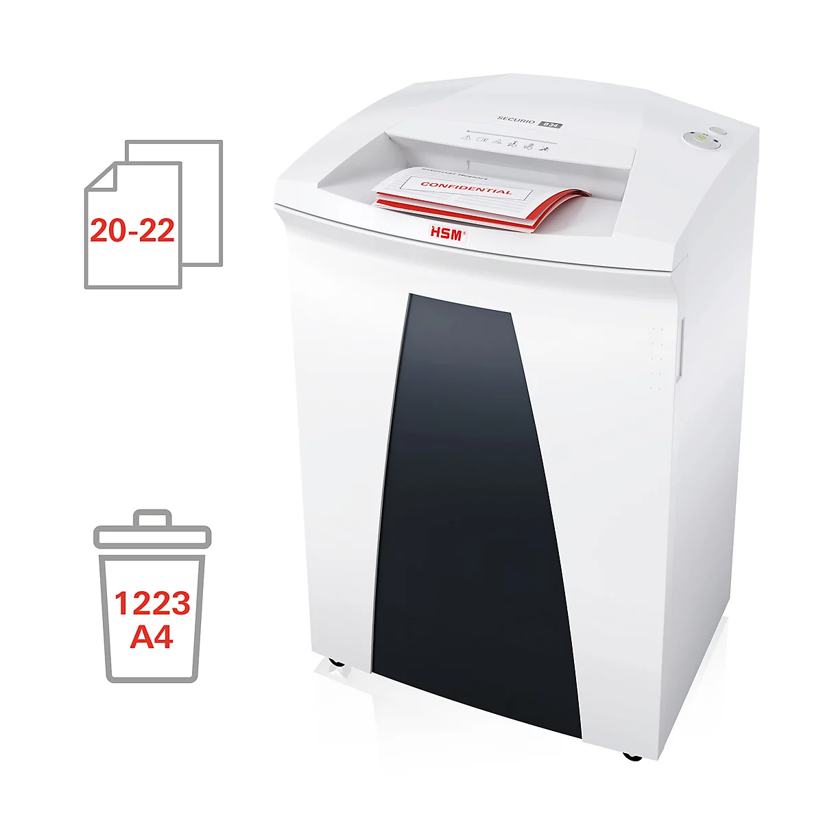 HSM SECURIO B34 papiervernietiger, veiligheidsniveau 4, deeltjes snijden 4,5 x 30 mm, 22 vel, olievernevelaar, wit