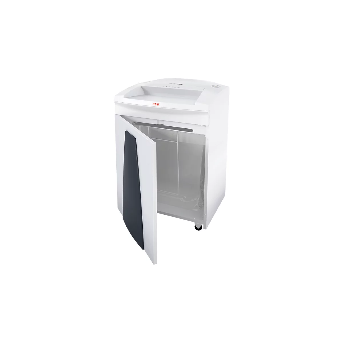 White paper shredder with open door, red "HSM" logo. The gray interior and container are visible.