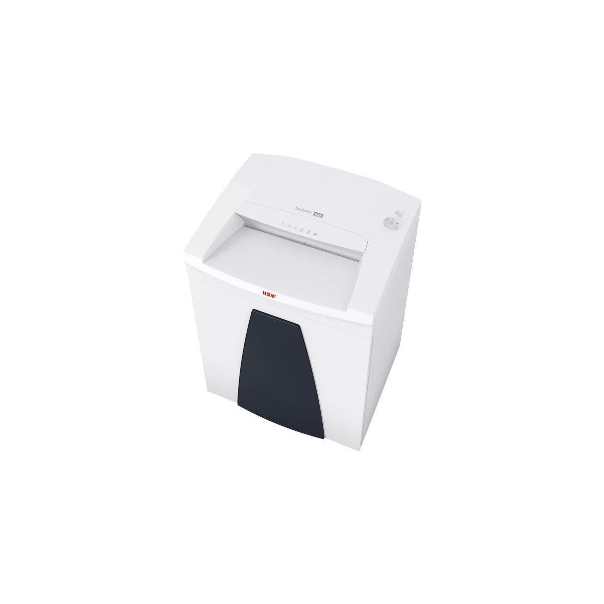 White paper shredder with a black accent and control panel. Top: Paper feed and lettering. Logo: HSM.