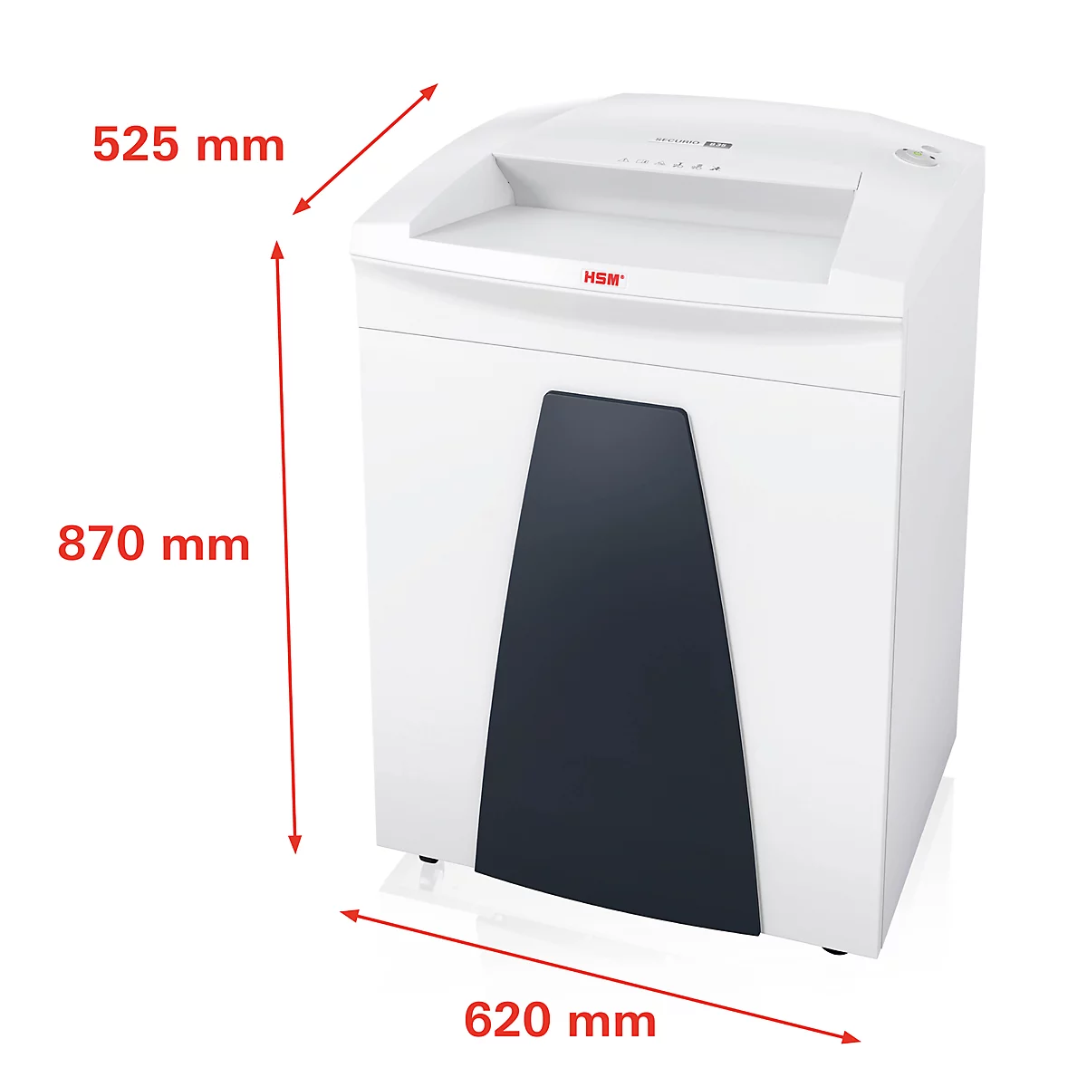 White paper shredder with black insert, dimensions: 870 x 620 x 525 mm.