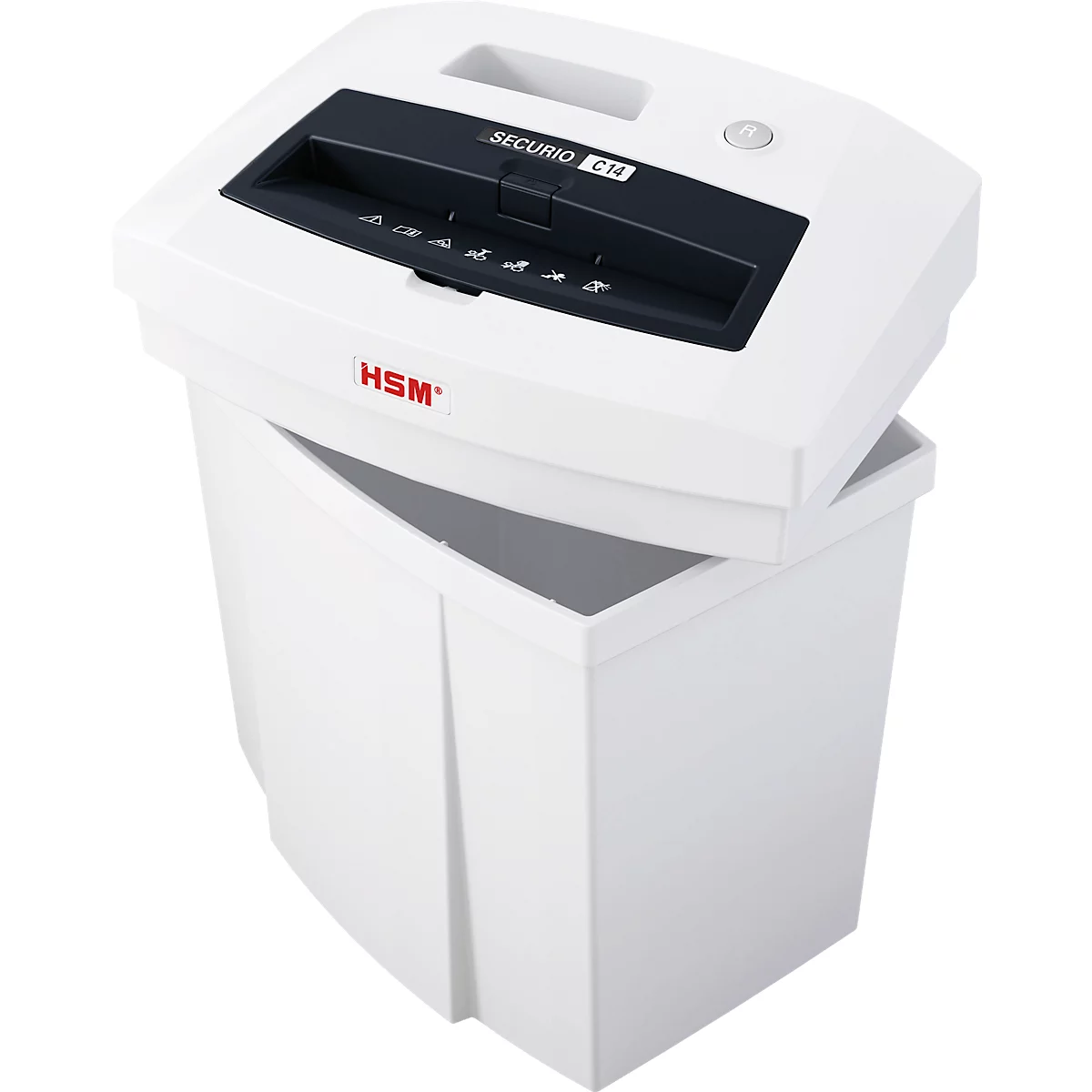 White paper shredder with black feed and open container. The HSM logo and model name are visible.