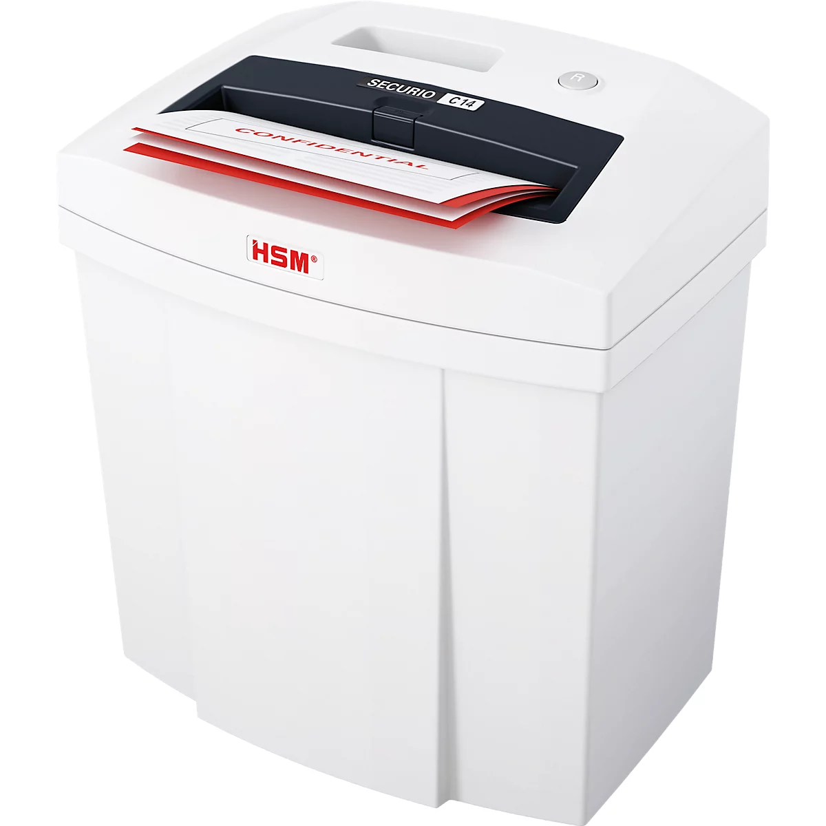 White paper shredder with black feed slot. A sheet labeled "CONFIDENTIAL" is being shredded.