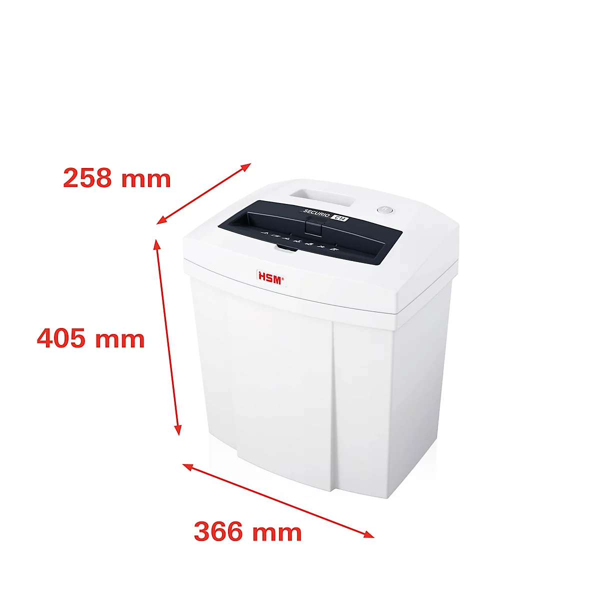 White paper shredder with black elements, size specifications in mm.