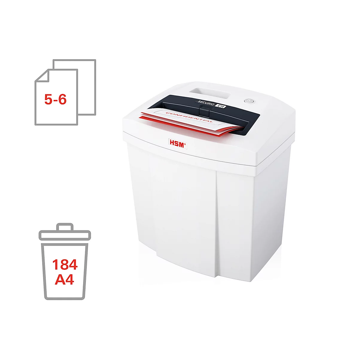 White paper shredder with paper symbols showing capacity. Documents are visible being shredded at the top.