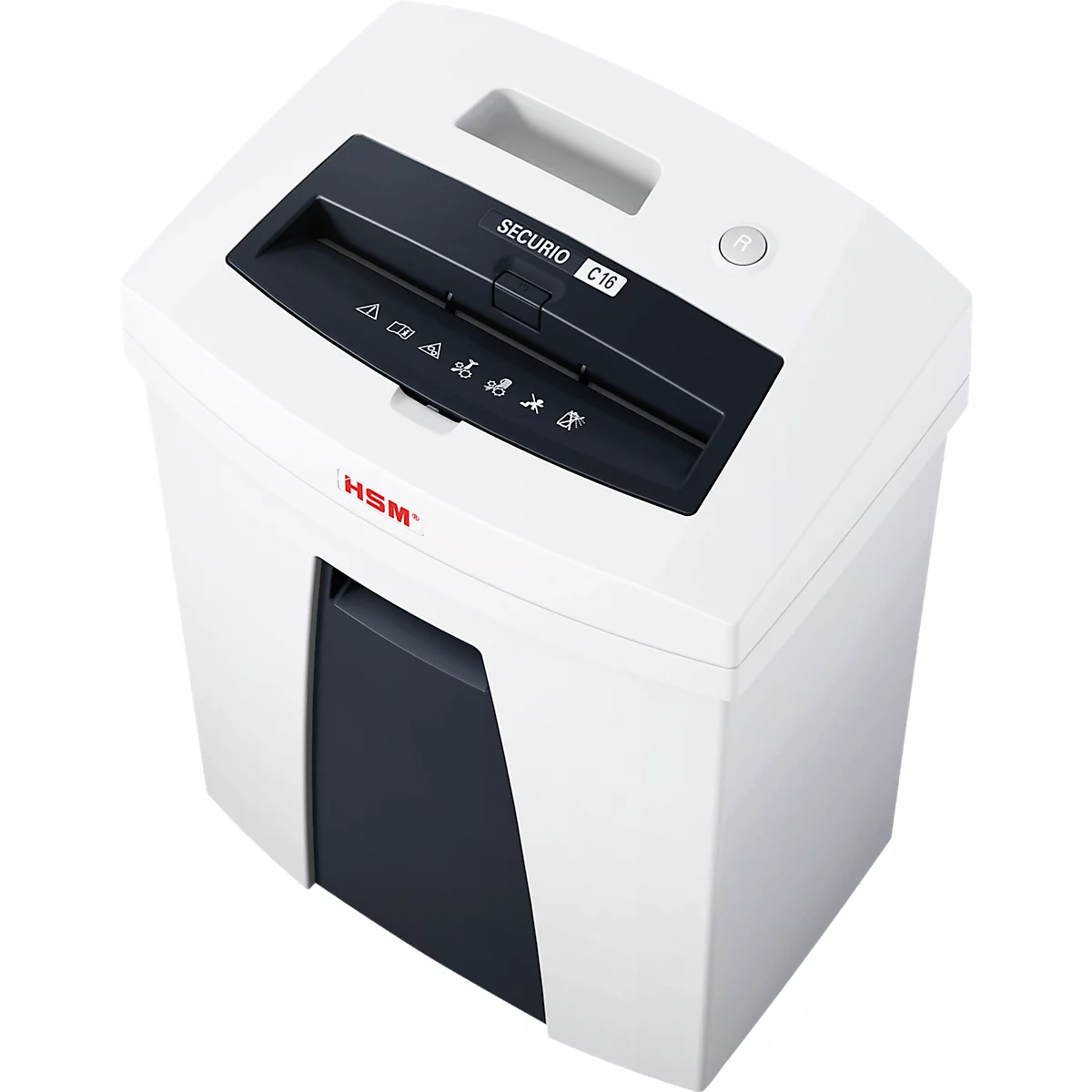 White paper shredder with black feed and controls. Inscription: Securio C16, HSM.