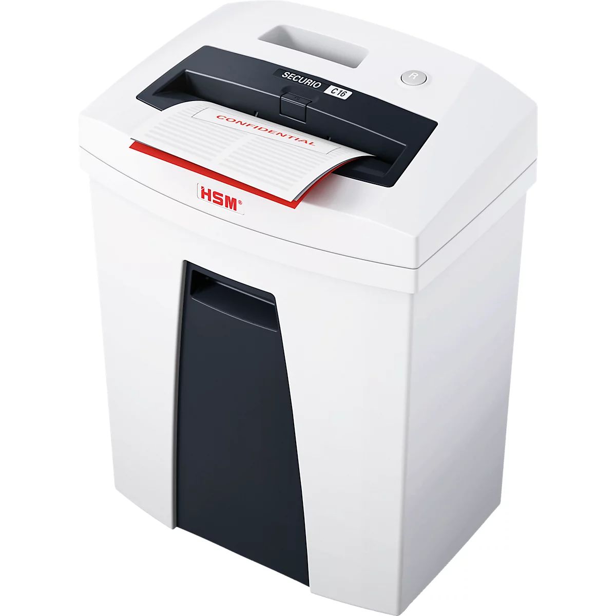 White paper shredder shredding a sheet of paper with the word "CONFIDENTIAL" on it.