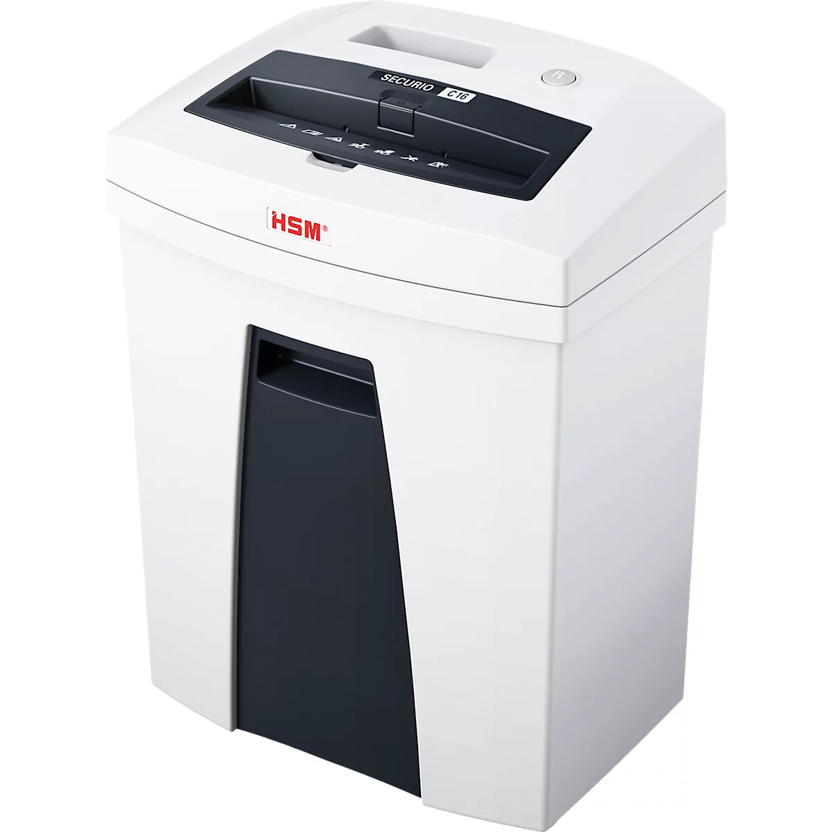White paper shredder with dark slot and black waste container. Reads "HSM SECURE 230".