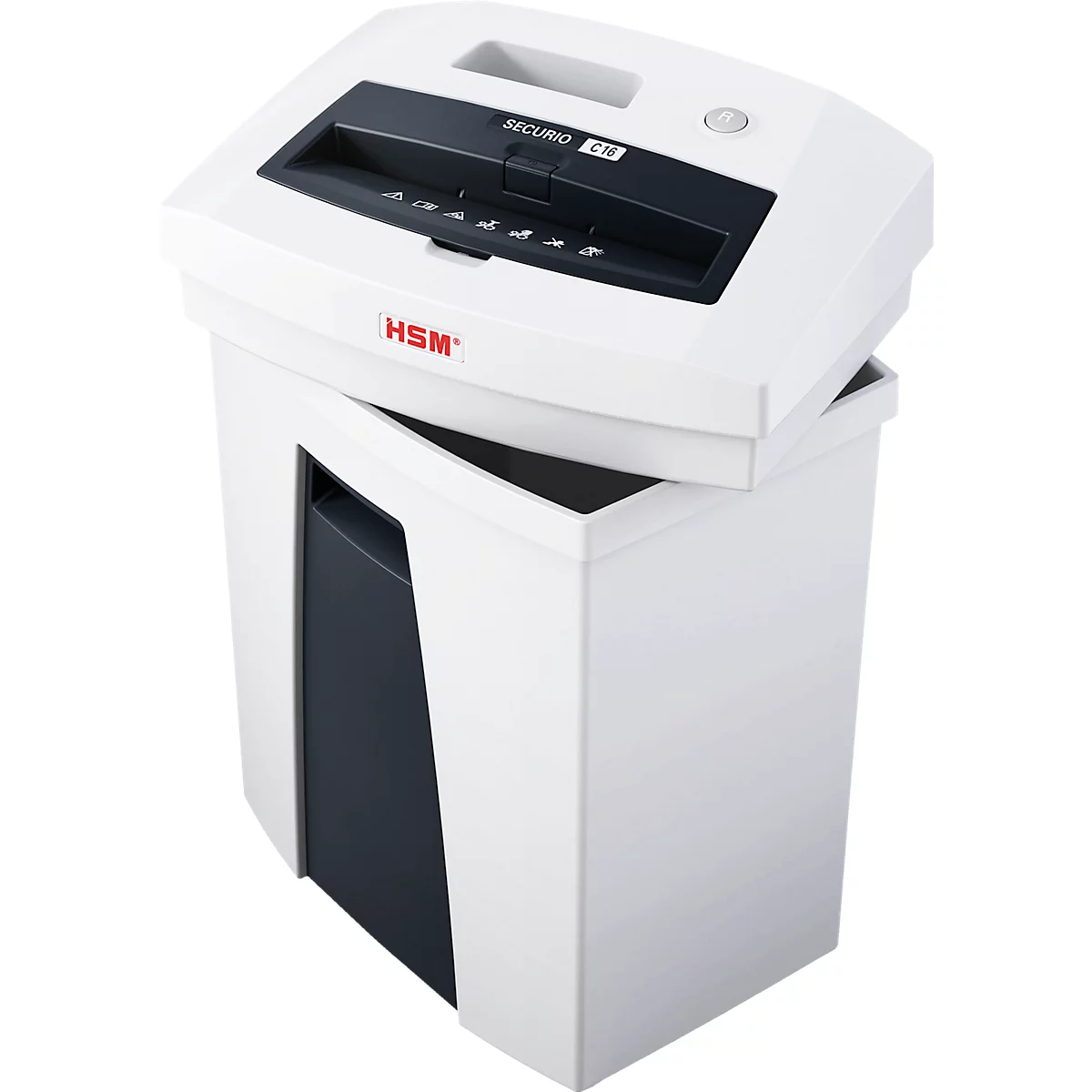 White paper shredder with black feed area on top, black container below.