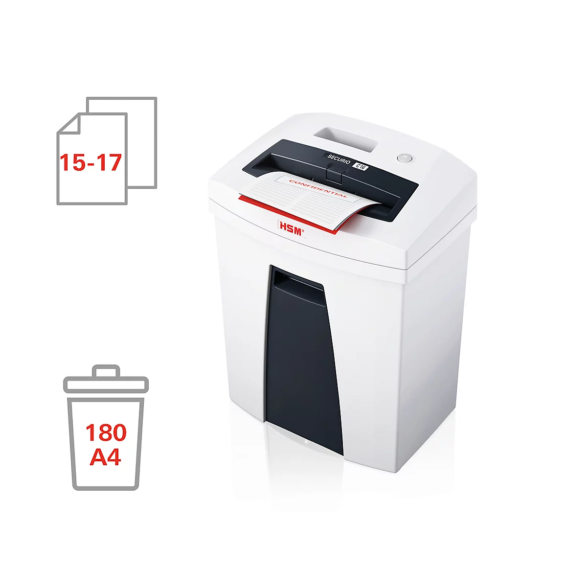 White paper shredder, paper being fed in, next to information on capacity.