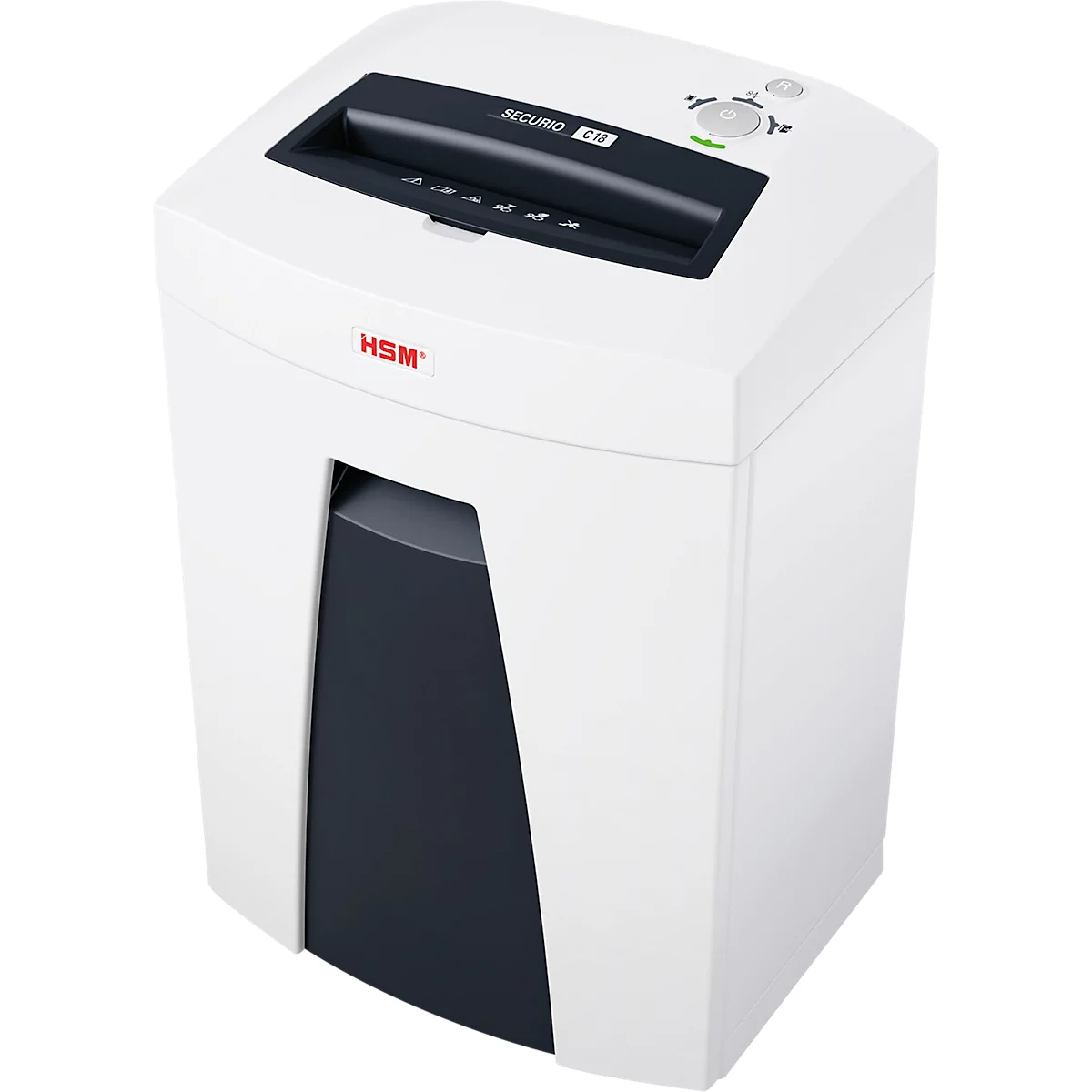 White paper shredder with black top. 'HSM' logo in red. 'SECURIO' inscription visible.