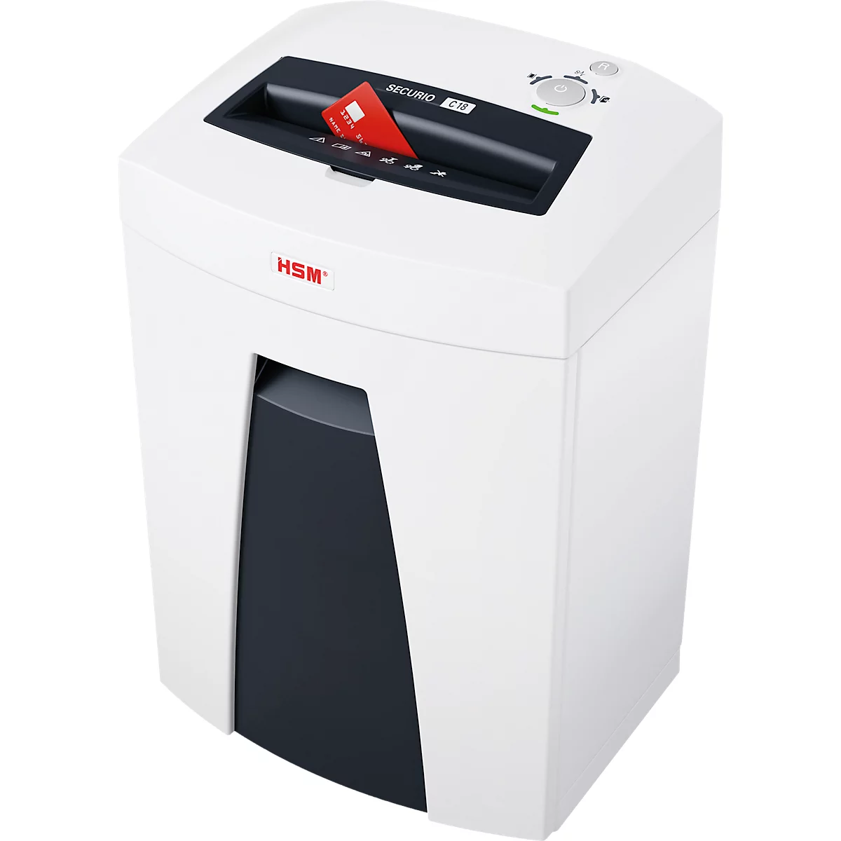 White paper shredder with red card inserted. Logo 'HSM'.