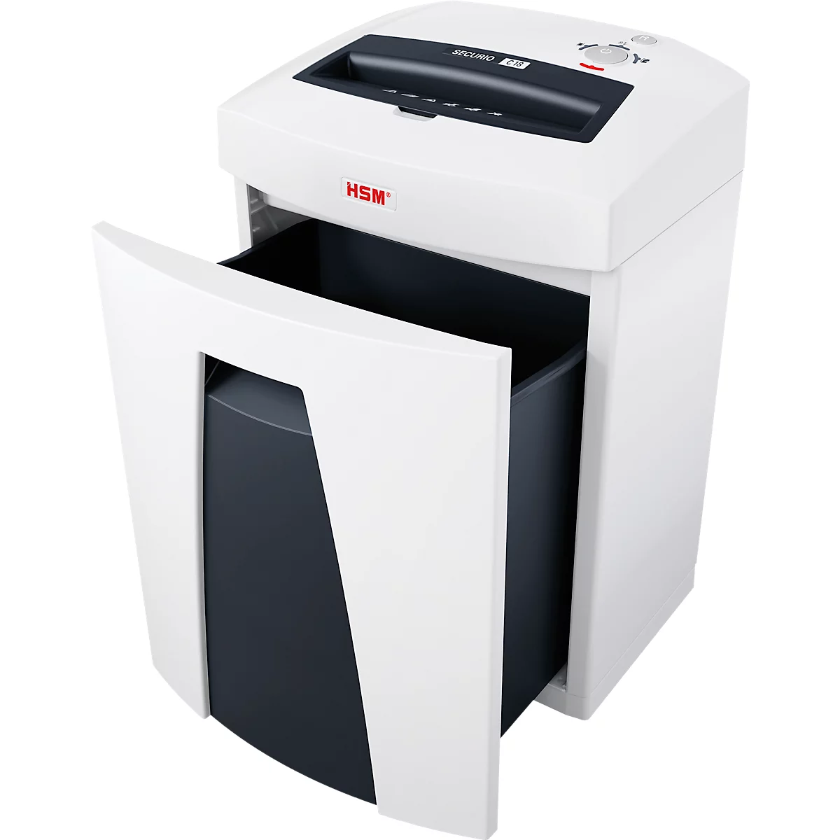 White paper shredder with open waste bin. 'HSM' logo.
